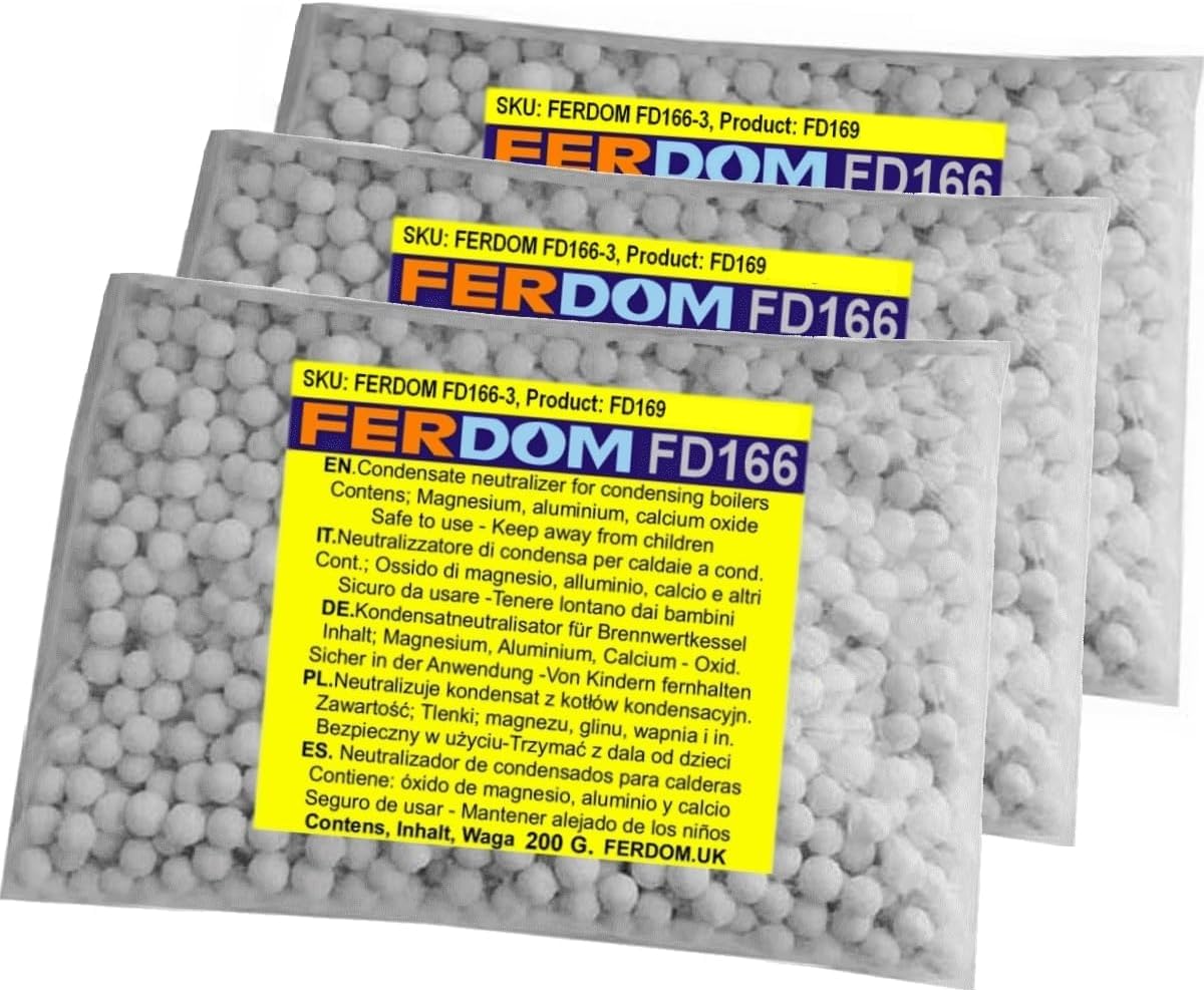 FERDOM FD166 600g. Neutraliseur de Condensat Pour Tous les Types de Chaudières à Condensation. Protège le Système d'eaux Usées et l'Environnement Aquatique. Granulés 5-10mm. Niveau pH 8-10.