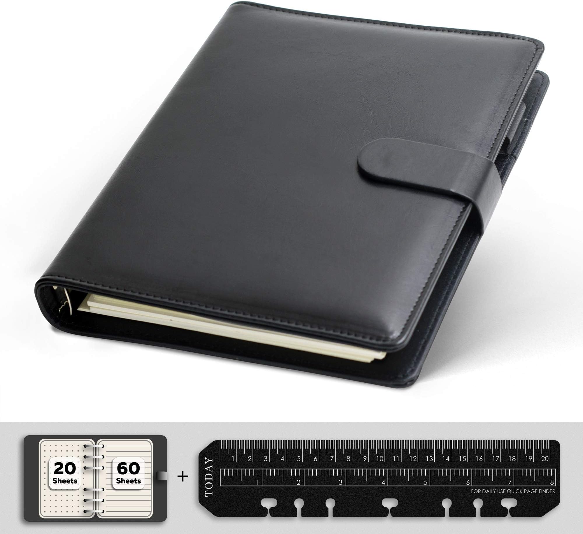 KKDragon Notebook A5, 6 Hole Ring Binder PU Leather Black, 20 Sheets/40 Pages Dots Grid + 60 Sheets/120 Pages Ruled +Ruler