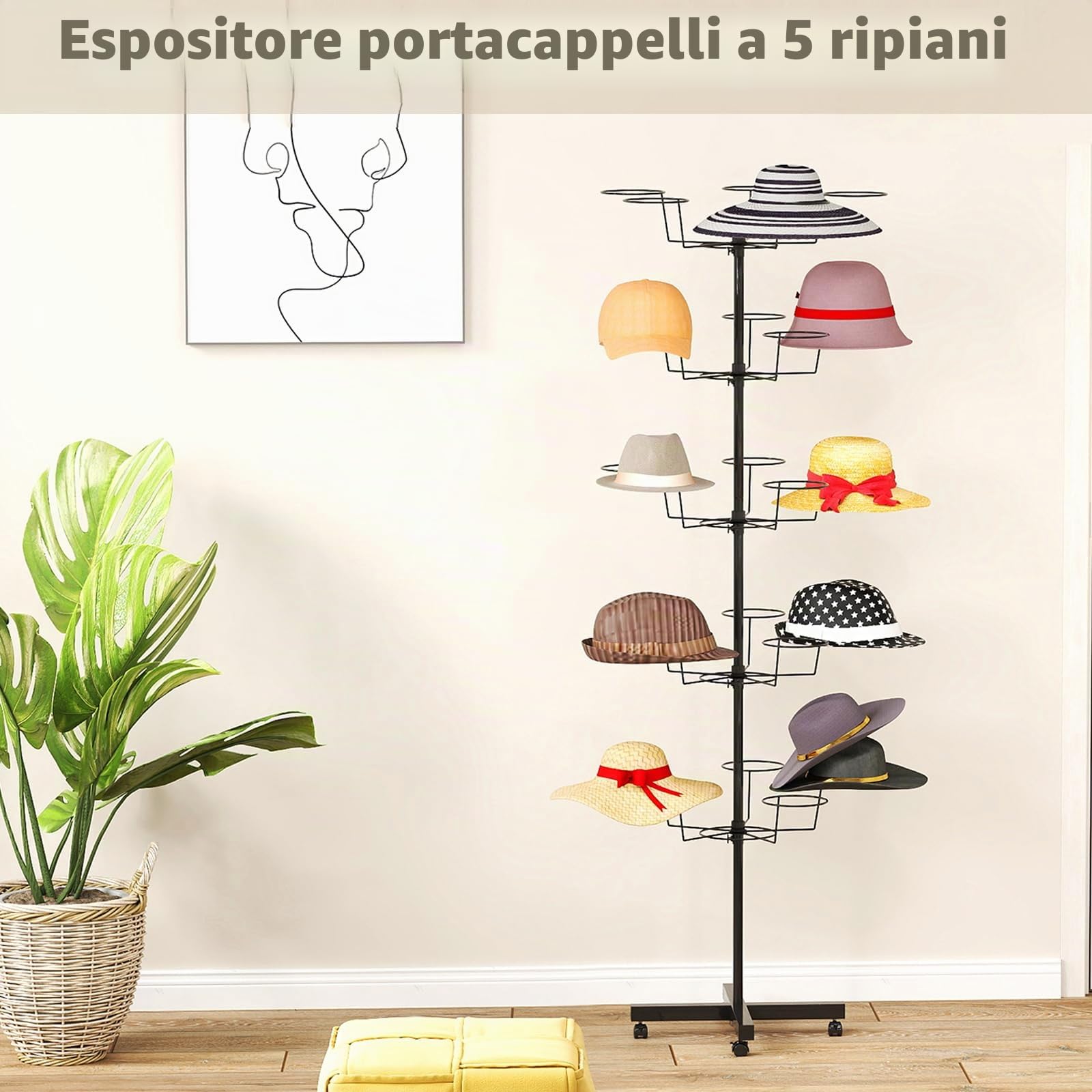 Supporto per cappelli a 5 piani, supporto girevole per parrucche, supporto per cappello, supporto per parrucche, in metallo, per cappelli, guardaroba
