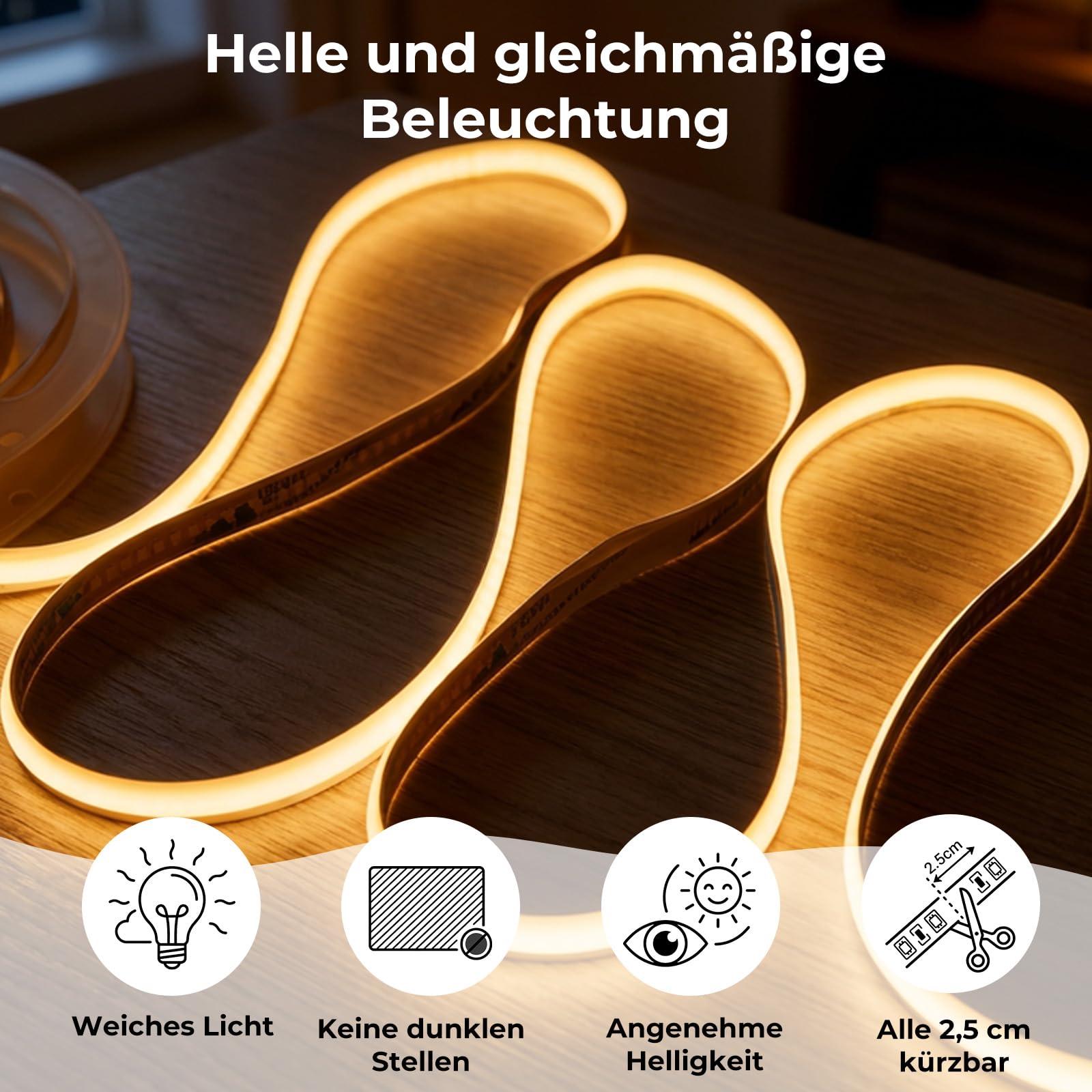 6 x 1M COB LED Strip Set Dimmbar mit Touch-Steuerung für Akustikpaneele, Vitrinen, Kleiderschränke, Küchen, Weinschränke, Regale und mehr, 3000K