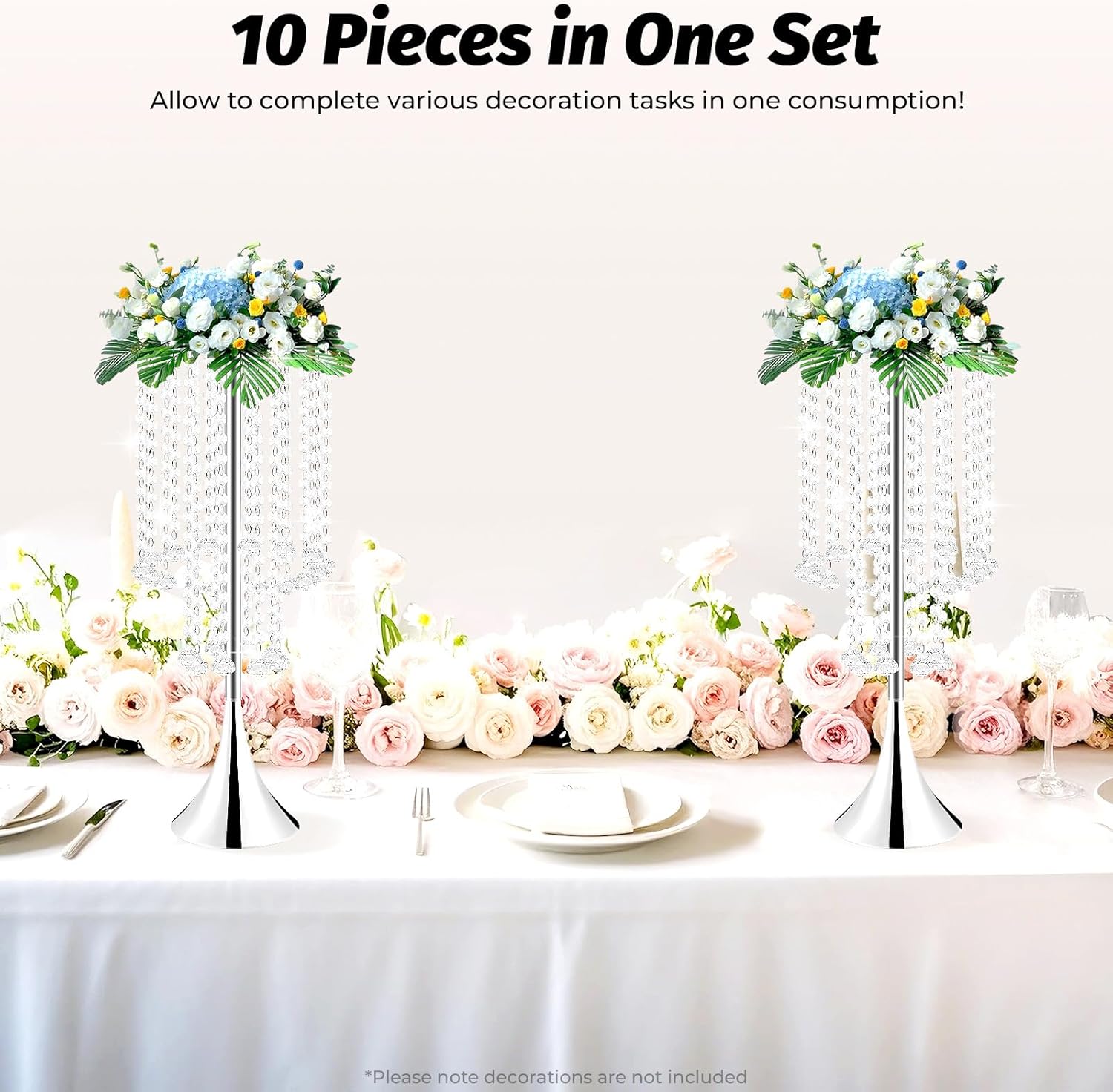 10pcs Crystal Wedding Centerpiece Table Decorations 21.9'' Chandelier Centerpiece Flower Stand with Beads Metal Flower Vase for Wedding Birthday Ceromoey Party Anniversary Events (Silver, 21.9''H)