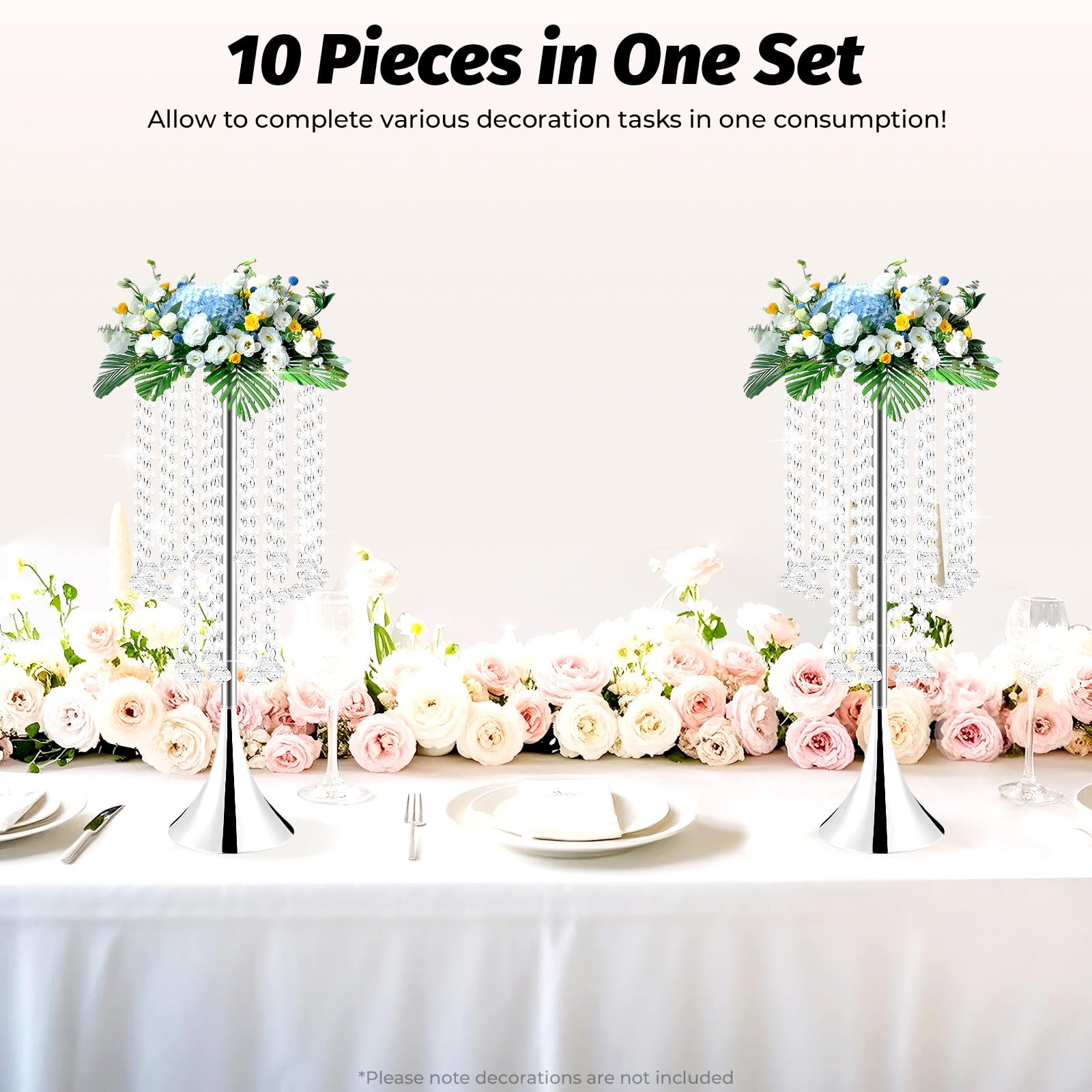 Blumenvase aus Metall und Acryl Kristall für Hochzeit Party Dekoration 55cm Höhe 10er Set