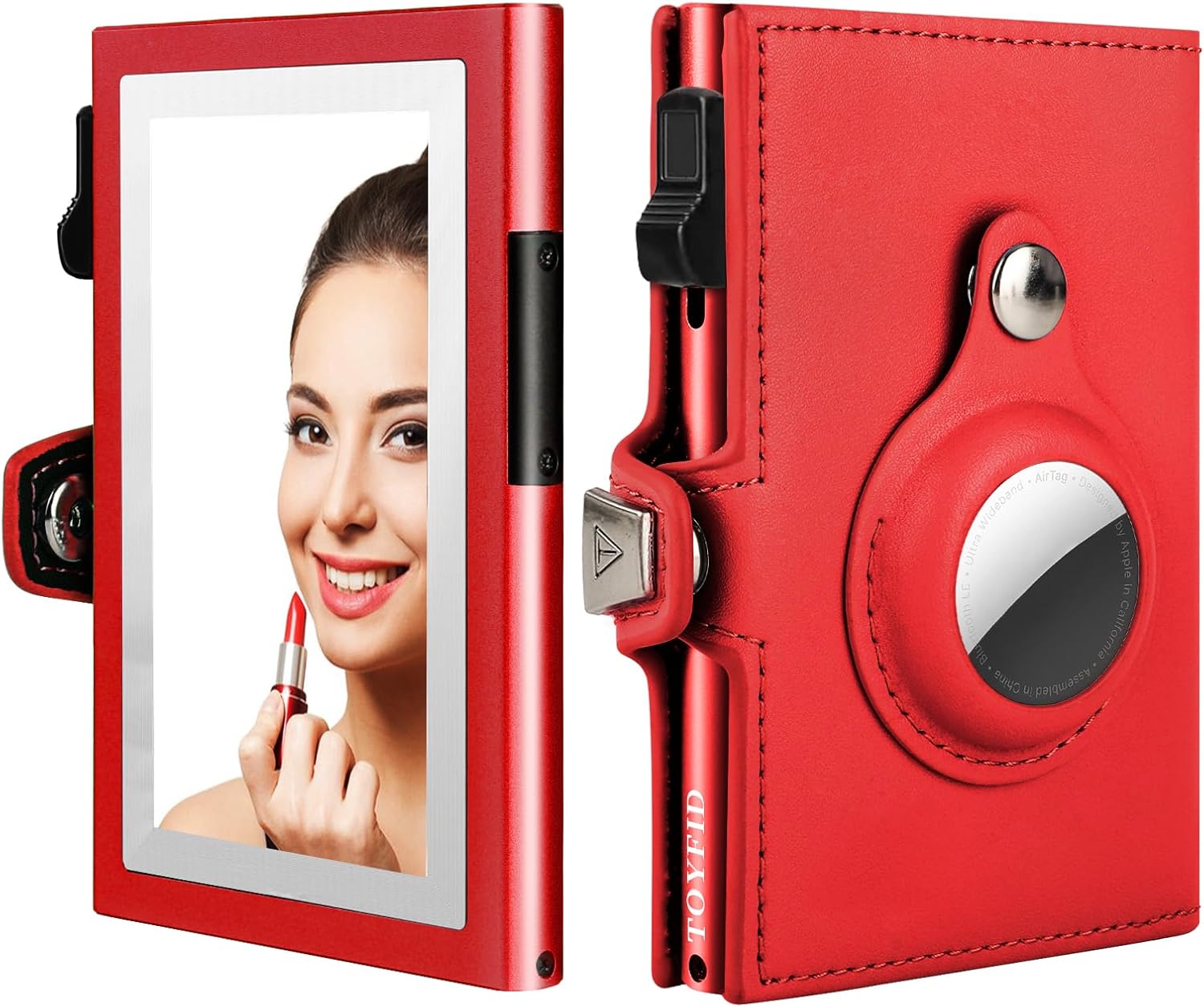 Women Wallet for Airtag, Small Pretty Wallet with Mirror for Women,Pop Up Wallet Compatible with Airtag, Tri-fold Genuine Leather Wallet Women with Mirror, Compact Wallet for Traveling (Red)