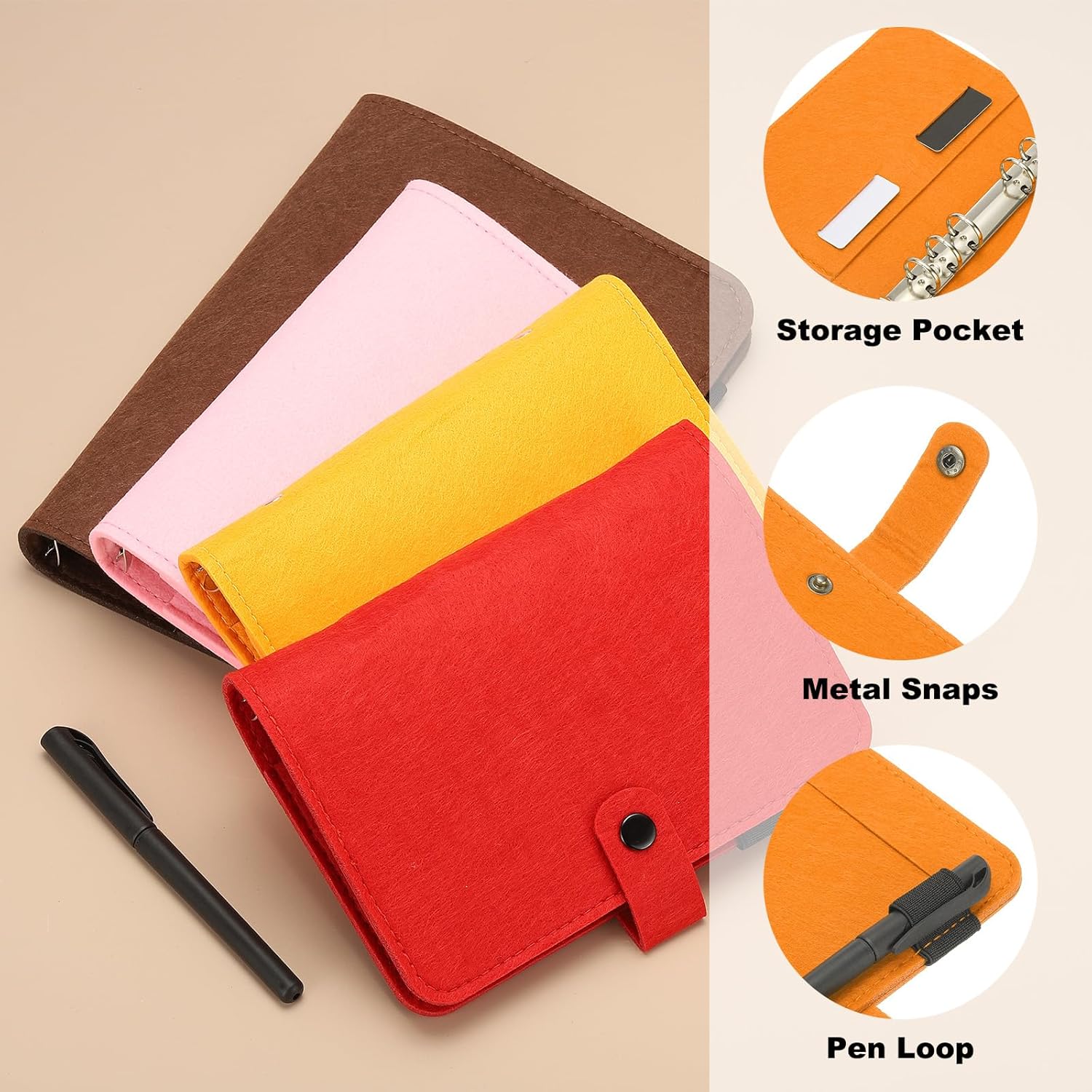 PATIKIL A6 Felt Binder, 6 Ring Soft Cover Refillable Notebook Binder with Pocket for Filler Paper Budget Journal Diary Accessories, Orange - Image 3