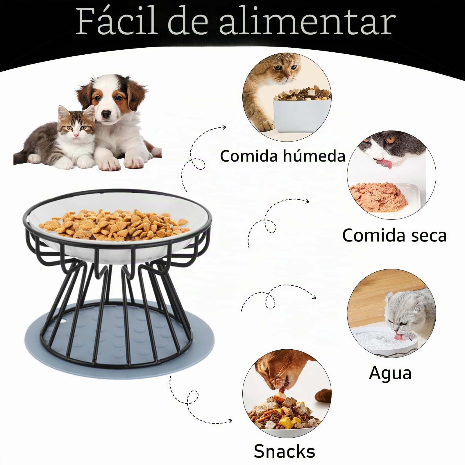 YAYODS Juego de 3 Cuencos de Cerámica Elevados para Gatos, Comedero Ergonómico Altura 10cm, Soporte Metálico y Alfombrilla de Silicona Antideslizante, Cuencos Anchos Antifatiga Aptos para Lavavajillas