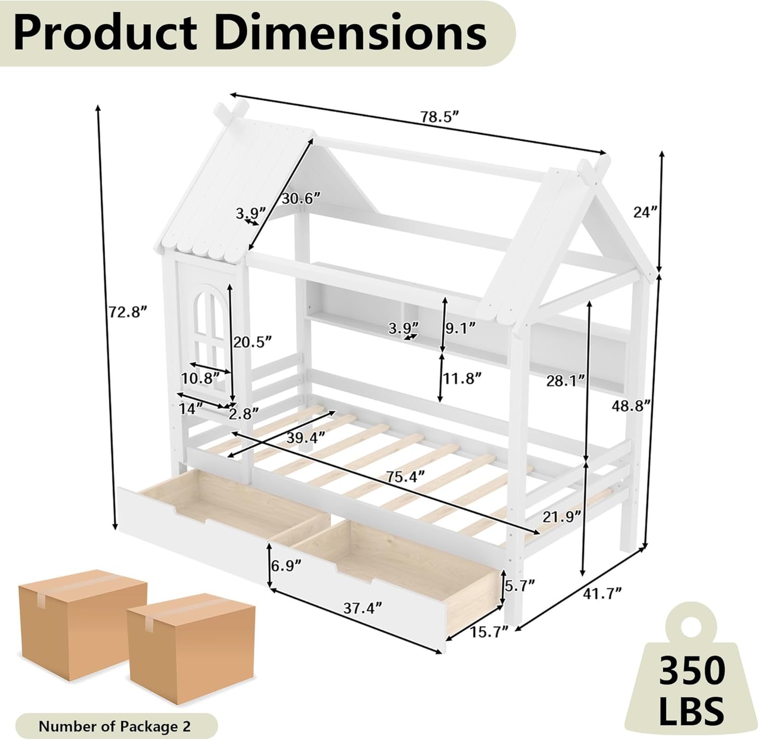 Twin House Bed with Drawers and Window, Solid Wood House Platform Bed with Shelves, Twin Bed Frame with House-shaped Roof for Kids, Boys, Girls, No Box Spring Needed and Childlike Design, White