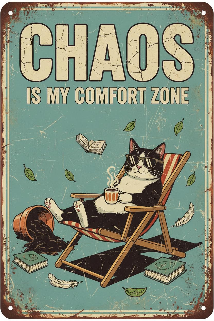 Chaos Is My Comfort Zone Cat Tin Sign, 8x12 Inch