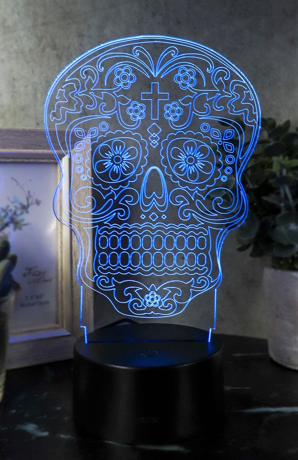 Ebros GiftLove Lock Floral Sugar Skull Engraved Clear Acrylic Glass LED Night Light Fantasy Alchemy Ossuary Skulls Skeletons Courtesy Multi Color Nightlight USB Or Battery Powered