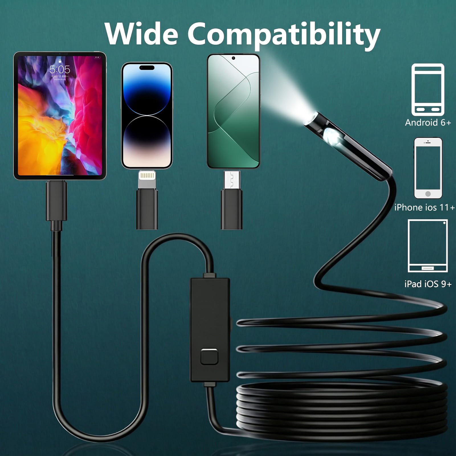 Endoscopio per Smartphone, Doppia Lente Endoscopio Industriale (3-in-1) - 1920P HD,Impermeabile IP67 con 8+1 LED,Cavo Semi-Rigido 5m,Funziona con Smartphone Android e iOS, iPad