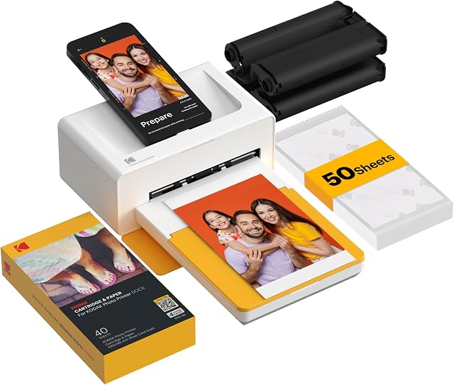 KODAK Dock Plus 4x6 Photo Printer, Smartphone Docking, 4PASS, 50 Sheets | Bluetooth, iPhone & Android Smartphone Compatible, Charge While Printing, Water, Fingerprint and Fade Resistant