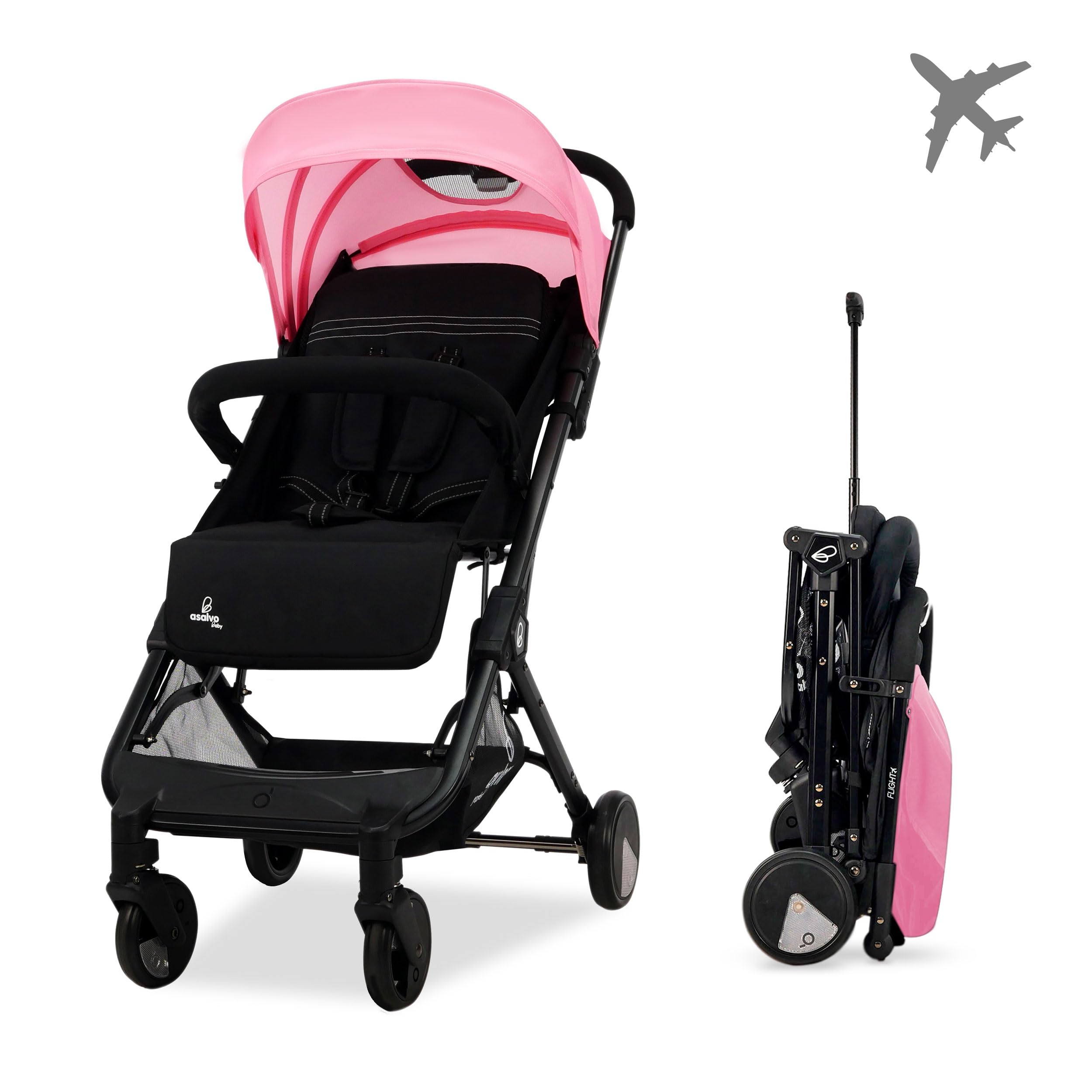 Asalvo FLIGHT Passeggino leggero, carrello pieghevole ultra leggero e compatto, manico trolley, bagaglio aereo, reclinabile, peso 6,6 kg, barra di sicurezza, imbracatura a 5 punti, da 0 mesi (nero