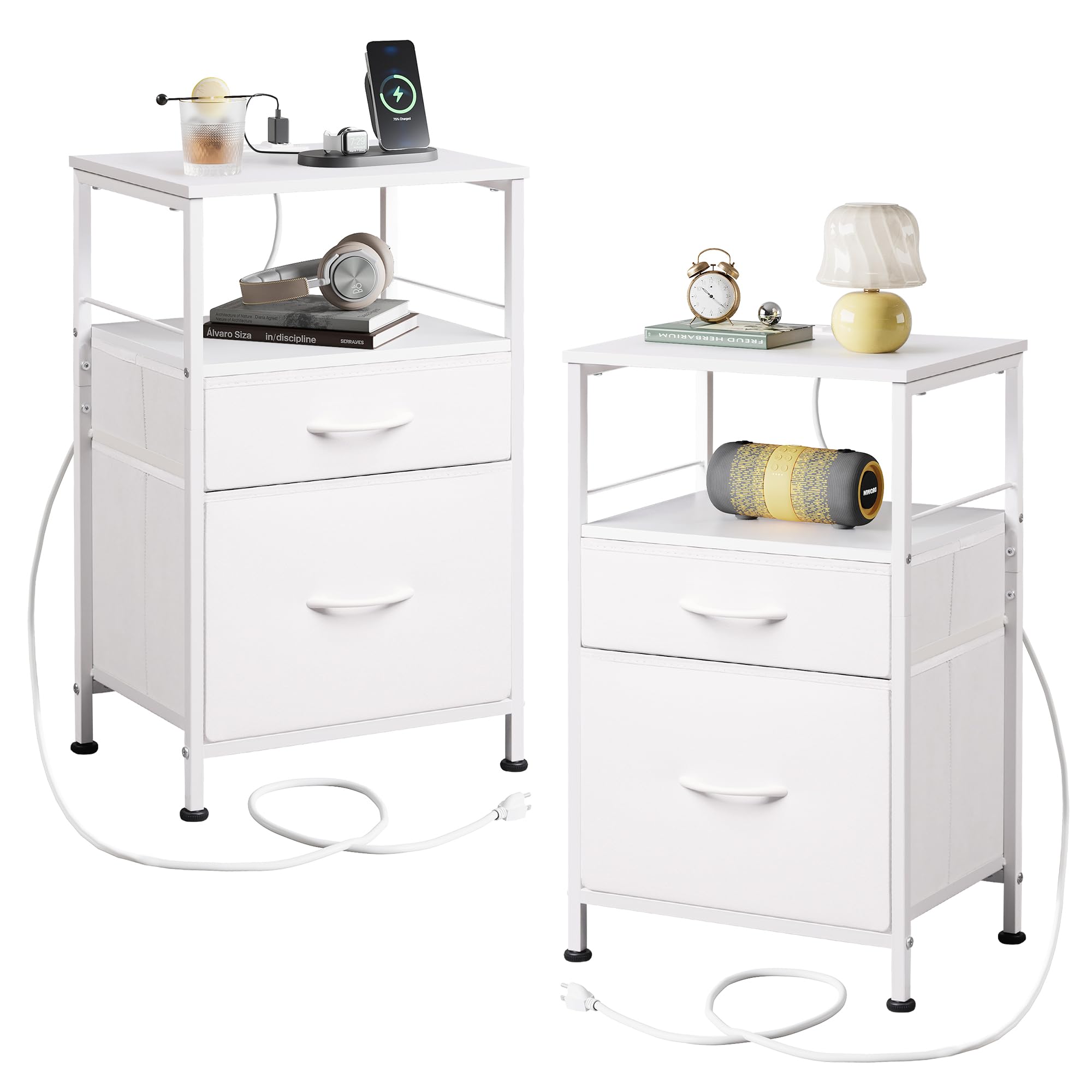 WLIVE Night Stand Set 2, White Nightstand with Charging Station, Nightstands for Bedroom Set of 2, Bedside Tables, Side Table with 2 Fabric Drawers, Small Dresser with USB Ports and Outlets