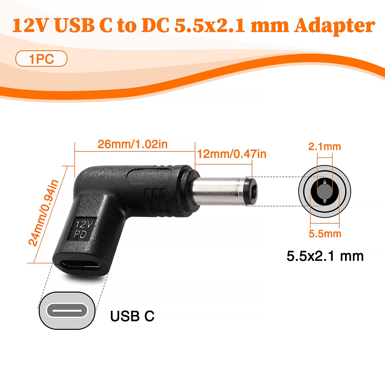 USB C do DC 12V Adapter, USB 3.1 Typu C USB-C Żeński do DC 5.5x2.1 mm Męski Adapter PD Emulator Trigger 90 Stopni Kątowy, do Routerów, Modemów Optycznych, Sprzętu Monitorującego