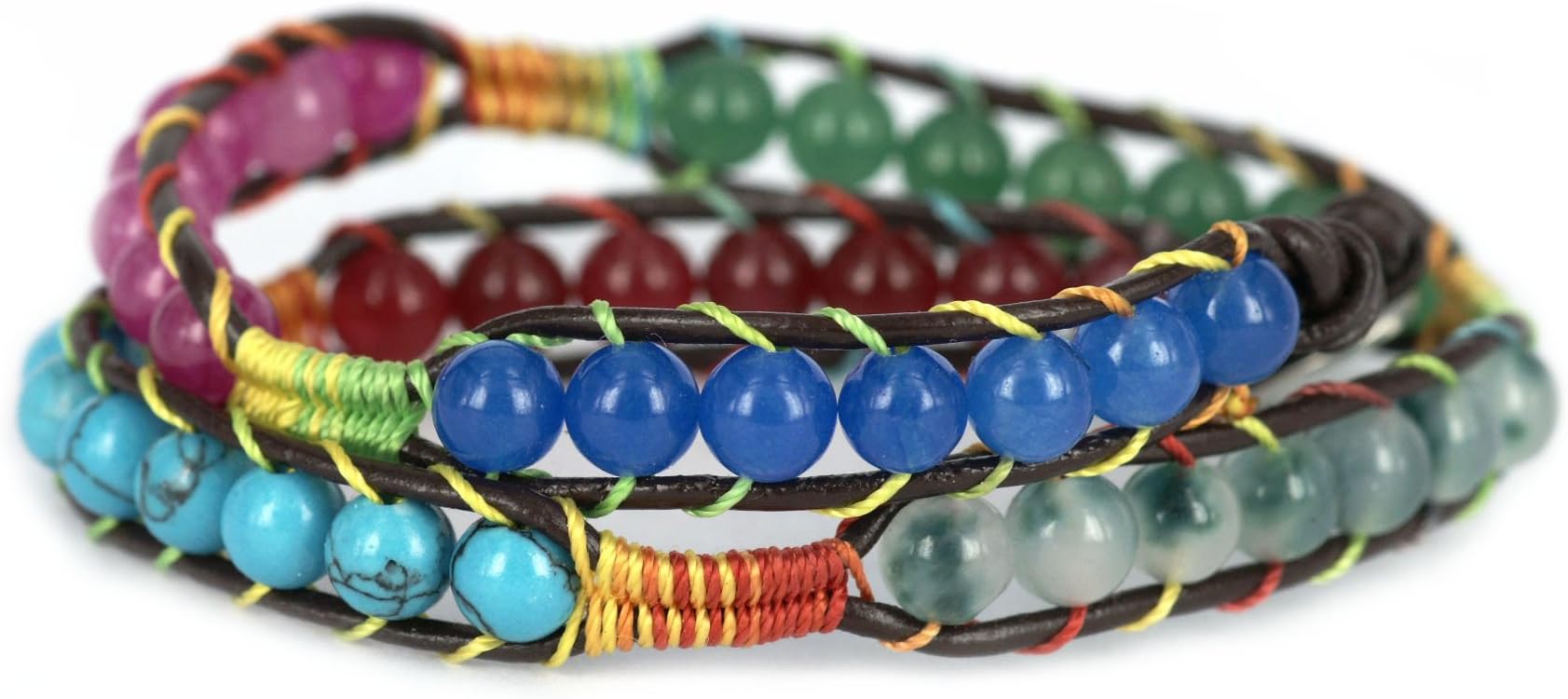 BLUEYES COLLECTION "Amiable Multi-Color Gems Spacing Rainbow Cord Sennit Leather Bracelet, 6mm/Bead