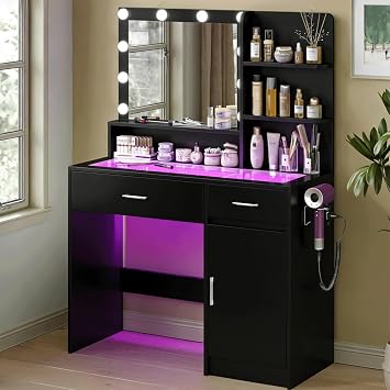Vanity Desk with Mirror & 10 Lights,Modern Makeup Desk with 2 Drawers,3 Lighting Modes Brightness Adjustable,Power Outlet,Bedroom Dressing Table, Black