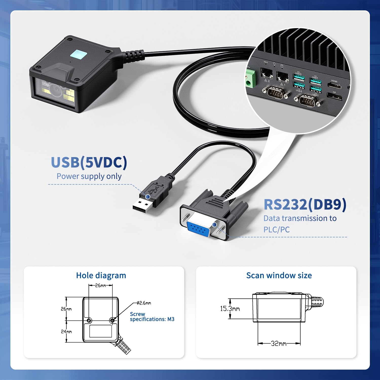 NetumScan RS232 - Scanner di codici a barre cablato per codici 1D/2D industriali POS | Legge PDF417/QR/DataMatrix, compatibile con Windows, Mac, Linux, per convogliatore, magazzino, logistica e cassa NS-91(RS232)