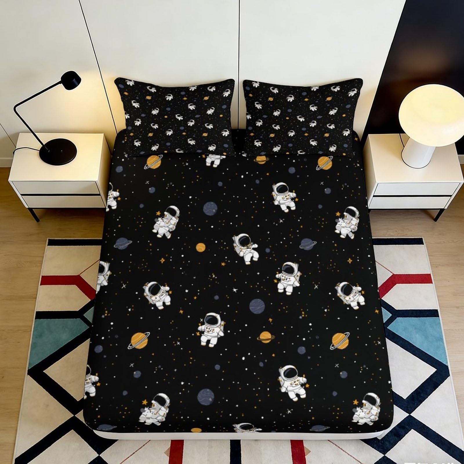 3D Printed Astronaut Space Fitted Sheet Microfiber Black Galaxy Mattress Cover Anti-Slip for Bedroom Dorm Room Easy Care 160x200x25cm