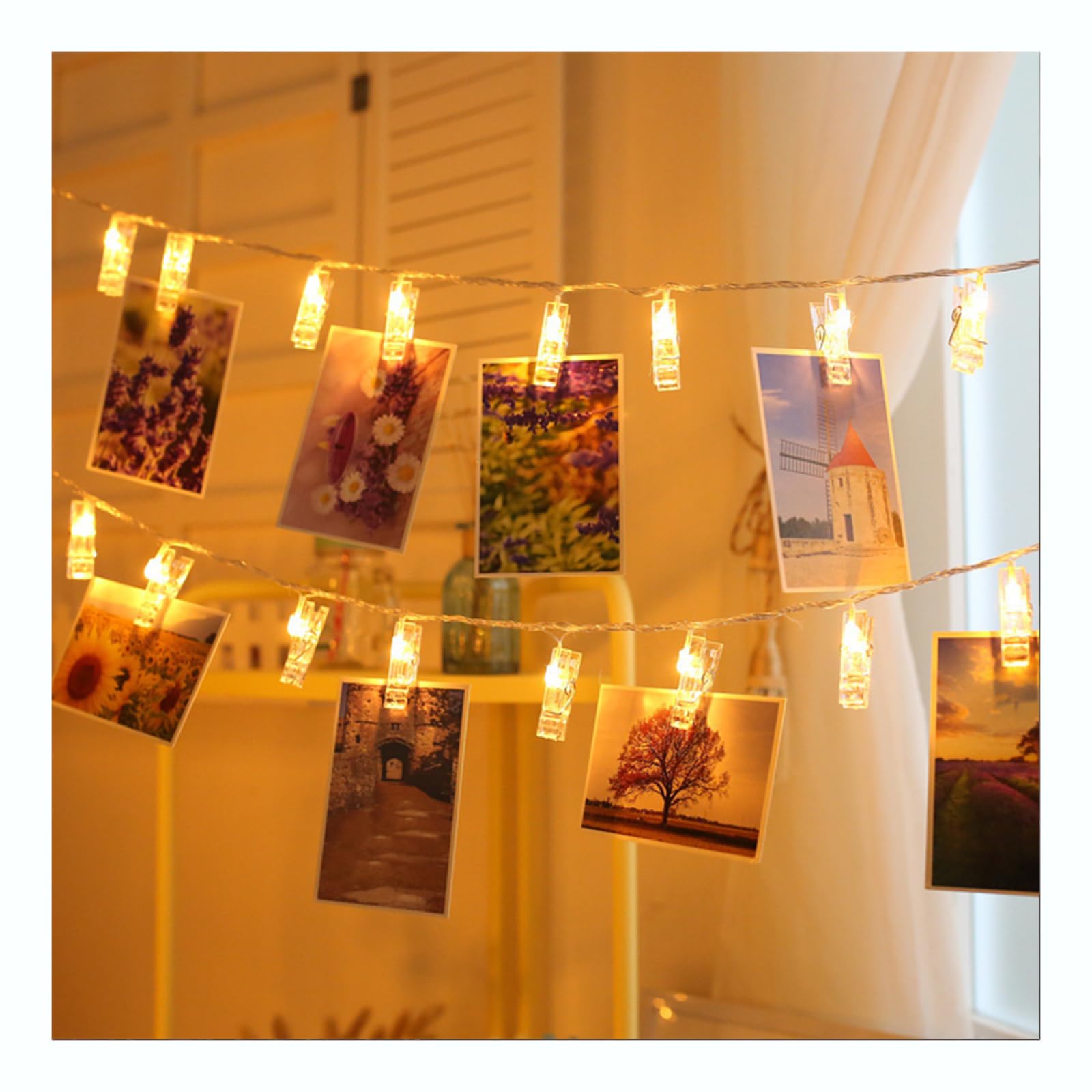 Cadena De Luces Decor Con Clip Para Fotos Creativas|Lámpara Ambiental Colgante De Alambre Cobre LED|Luces De Hadas Para Fiestas De Cumpleaños Y Vacaciones,Blanco Cálido,10m(32.8 Pies)-80LED-Batería