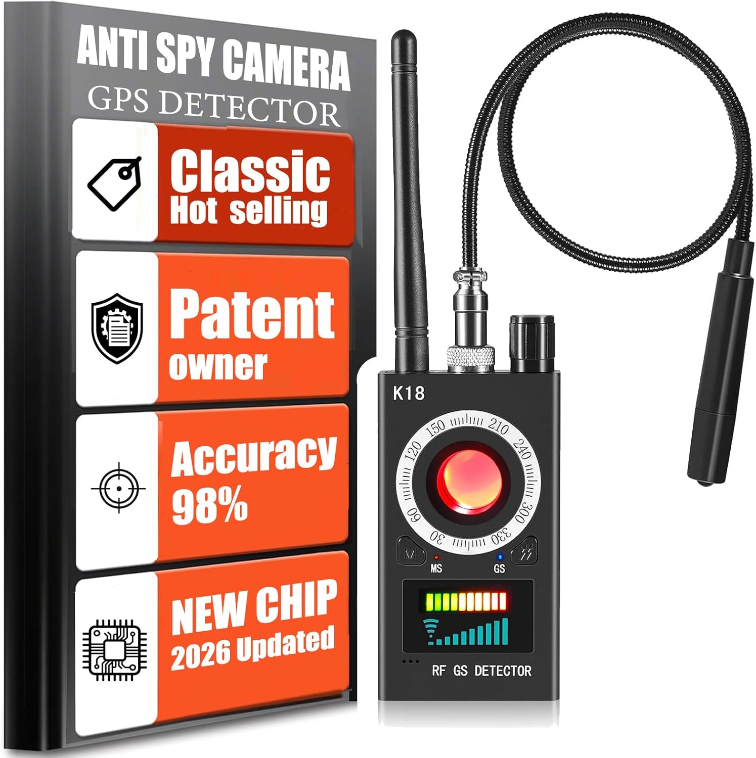 Hidden Camera Detectors, Anti Spy Camera Finder, GPS Tracker Detector, Hidden Devices Detector for Airbnb, Hotels, Bathroom, Home, Office (Black)