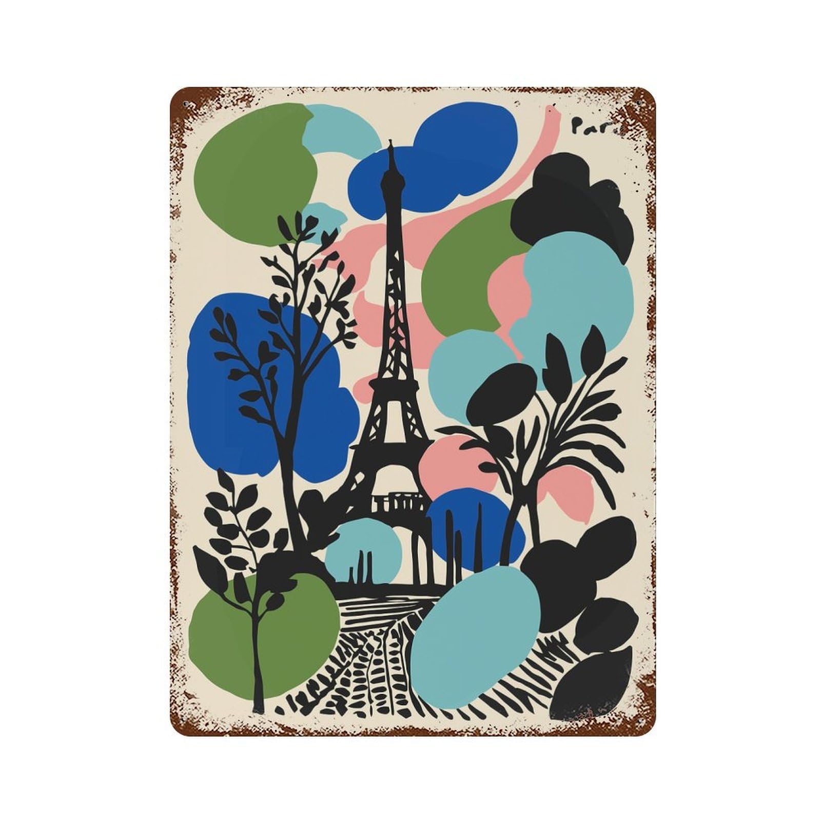 Paris Eiffel Tower Colorful Illustration Aged Metal Wall Plaque 15.7"x11.8", Industrial Home Decor for Pub, Kitchen And Man Cave Decor