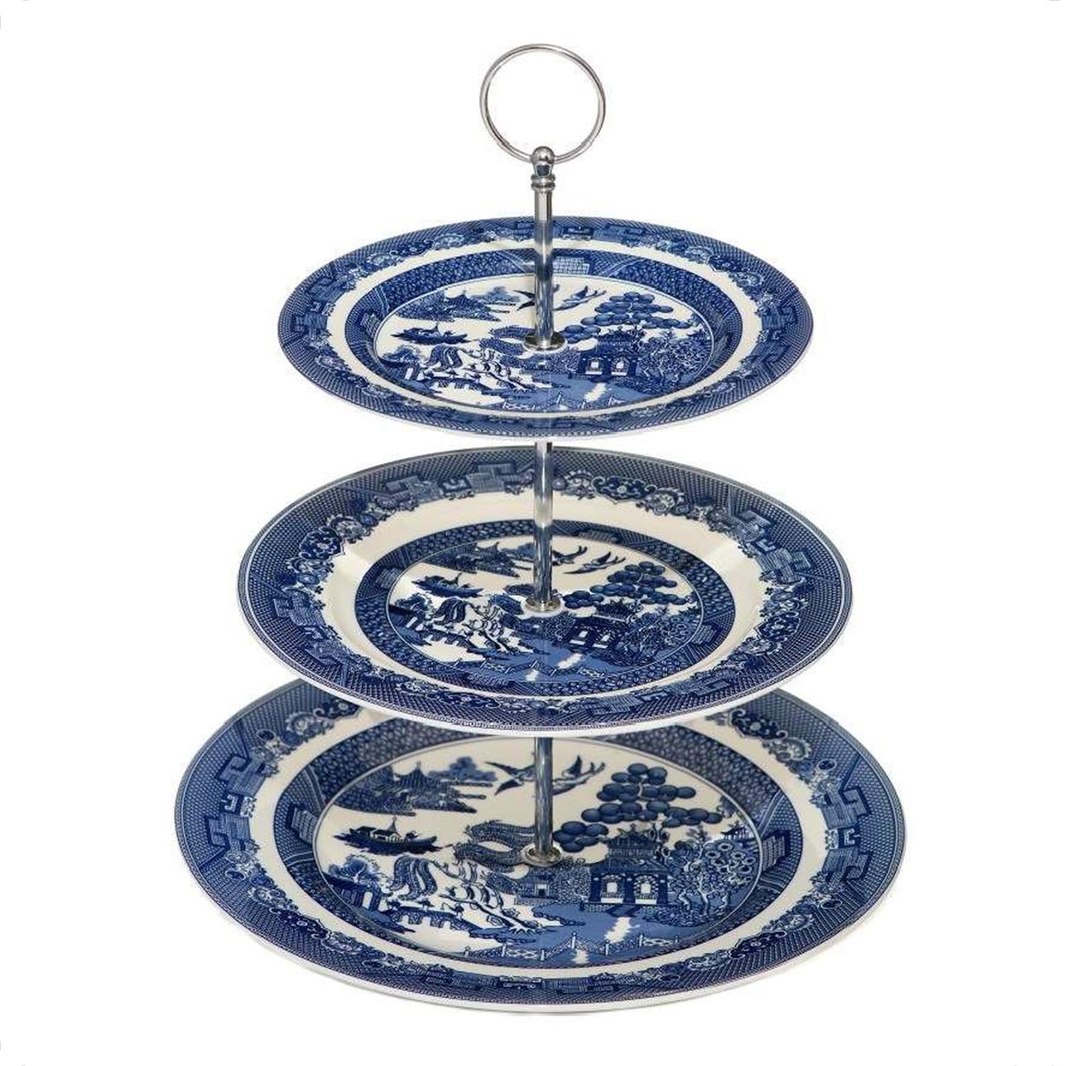 Blue Willow 3-Tier Cake Stand Dessert Display Ceramic Tableware Antique Oriental