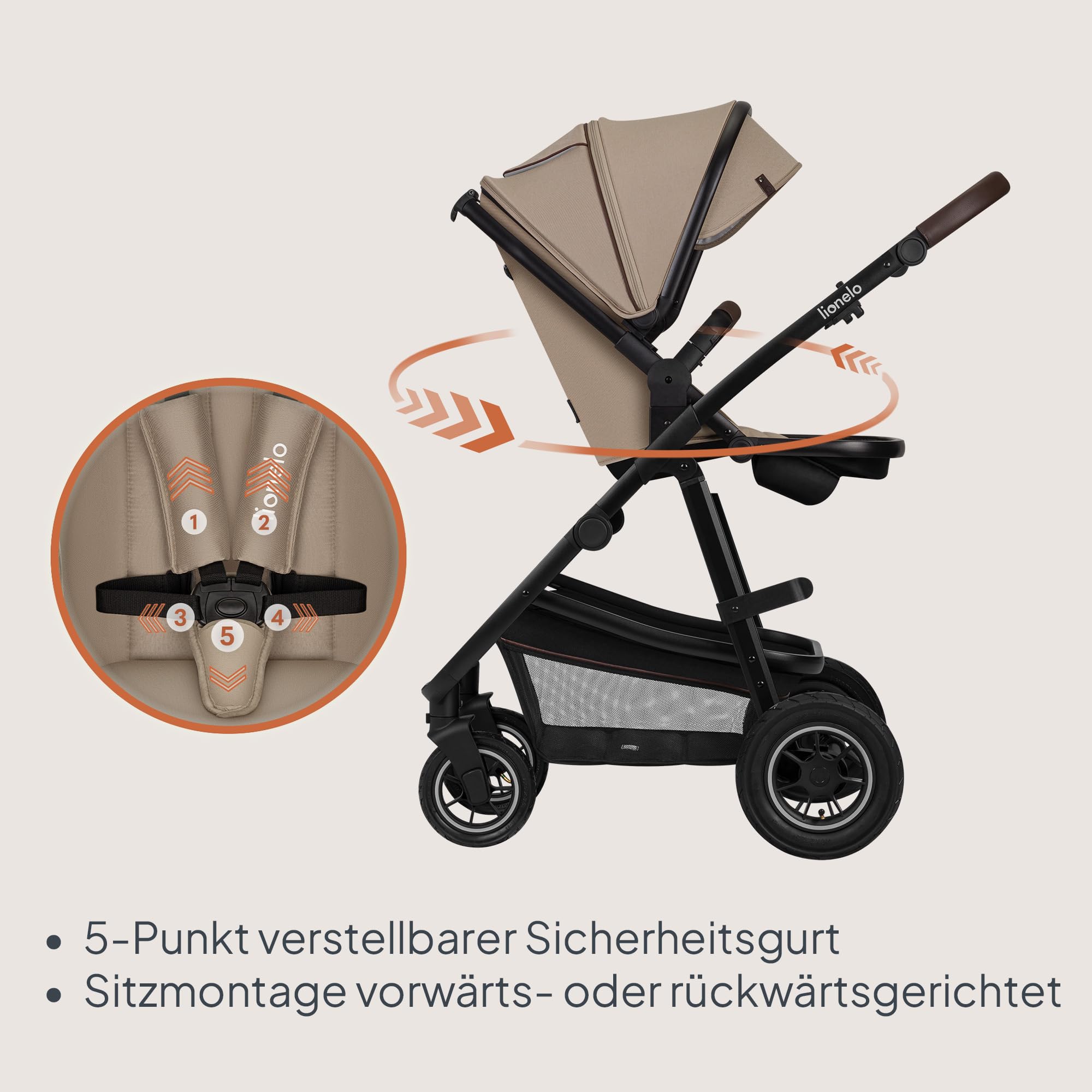 LIONELO Amber 3-in-1 Kombikinderwagen - Babywanne, Sportsitz, i-Size  Autositz (4087 cm), Luftreifen, wendbar, XXL-Dach UPF 50+, Tasche,  Moskitonetz, Regenschutz : Amazon.de: Baby