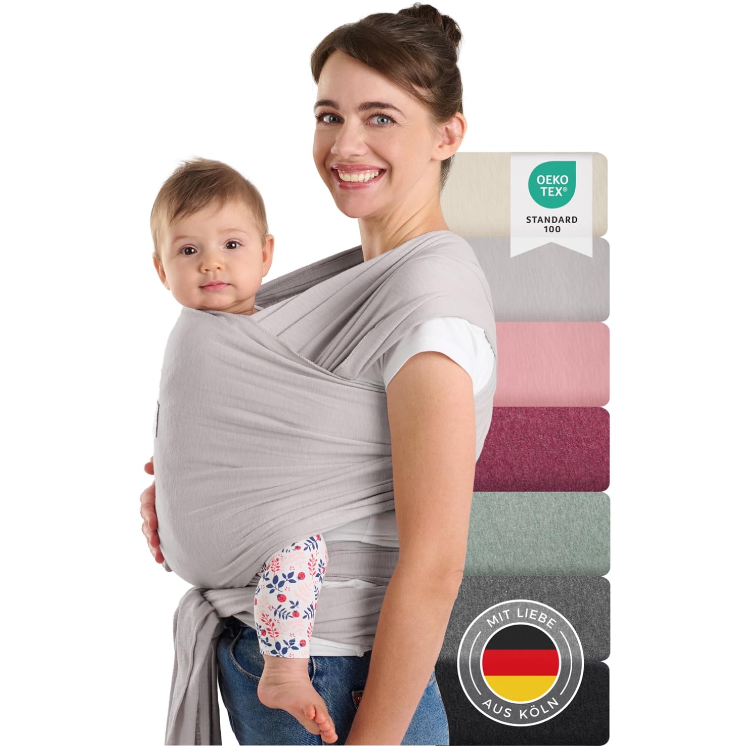 Laleni Tragetuch Baby neugeboren bis 15 kg aus weicher Baumwolle - Babytrage Neugeborene ab Geburt - OEKO-TEX zertifiziertes Tragetuch Kleinkind - Wickeltuch Baby 5,10 m Länge - Baby Wrap in Hellgrau.