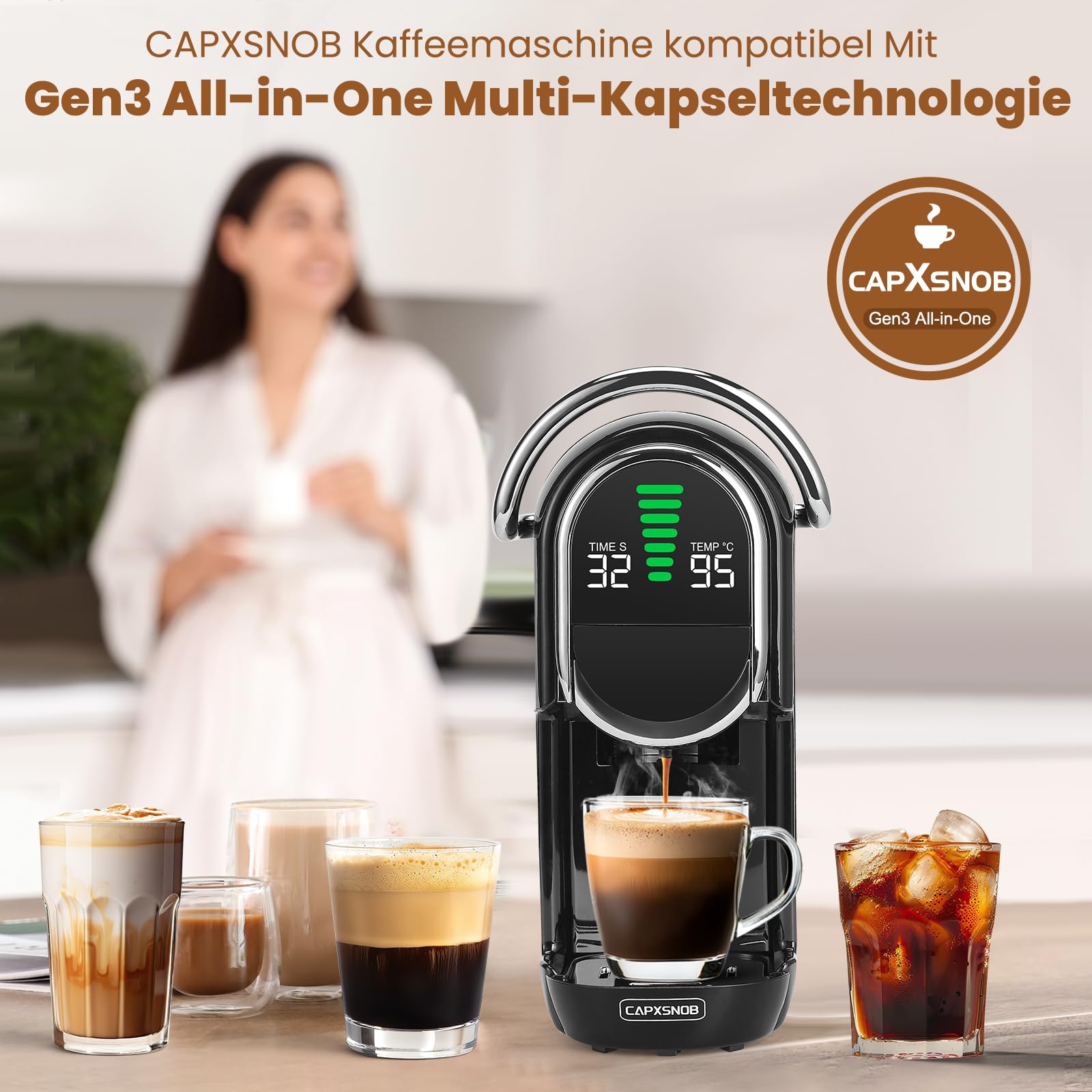 Magician1 Mini 5in1 Kapselmaschine 20bar 1450W LED-Display 7 Wasserstufen Heiß-Kalt-Modus Kaffeemaschine