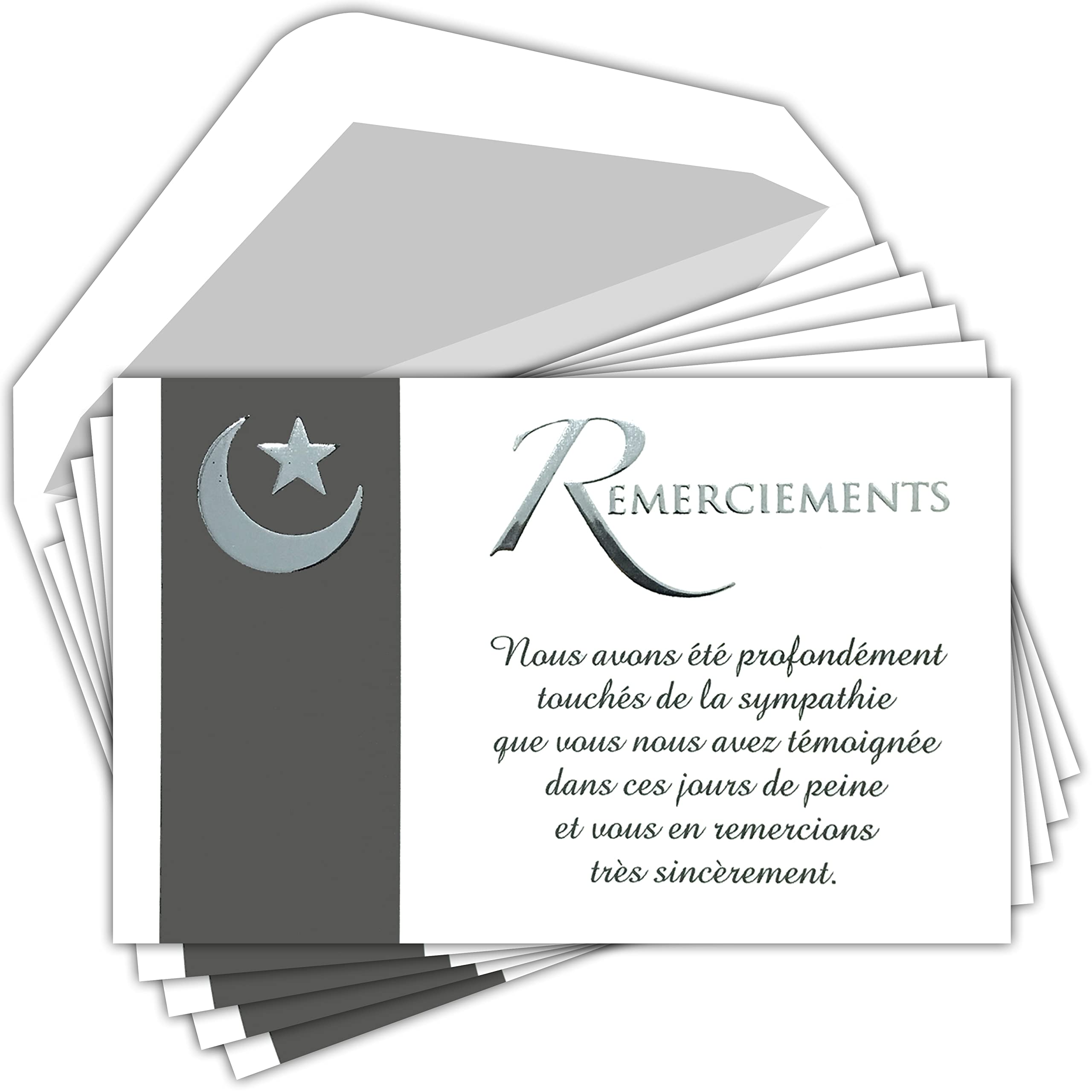 C5270 Thank You Muslim Condolences Set of 5 Identical Cards Silver Text + 5 White Envelopes Size 9 x 14 cm Crescent Moon Islamic Death Funeral Mourning Pouch Made in France