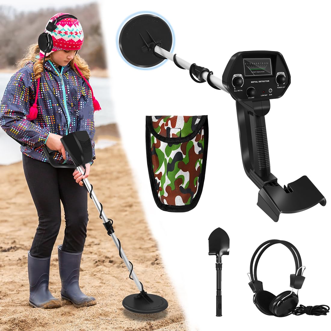 NAIZY Detector de Metales para Niños, Juego de Detectores de Metales con Pala y Auriculares y Bolsa de Transporte, Detector de Metales con Indicador Mecánico y Consejos de Sonido