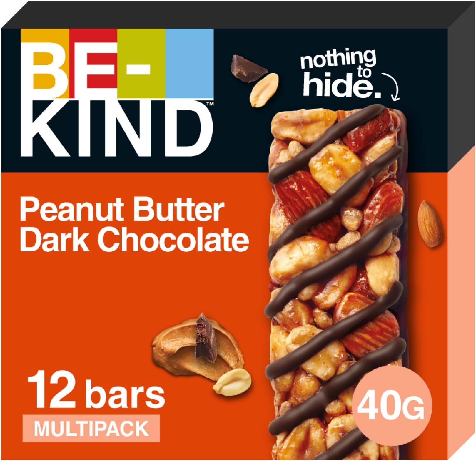 Peanut Butter Dark Chocolate, Pack of 12x40g Snack Bar, Gluten Free Snacks, High Fibre, Source of Protein, No Artificial Preservatives, No Artificial Colors, No Artificial Flavours