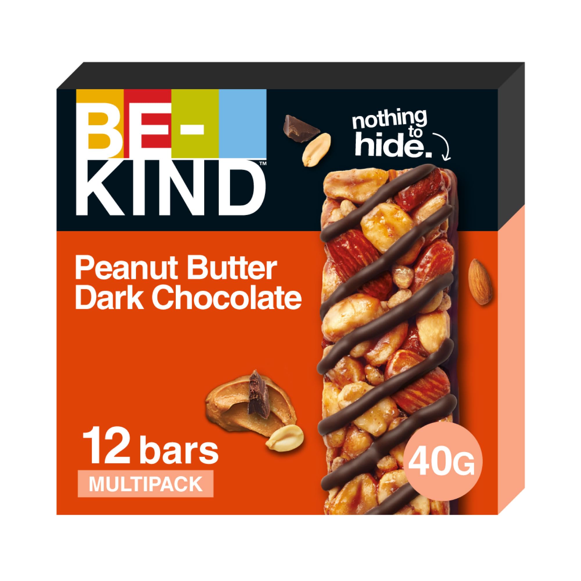 BE-KINDPeanut Butter Dark Chocolate, Pack of 12x40g Snack Bar, Gluten Free Snacks, High Fibre, Source of Protein, No Artificial Preservatives, No Artificial Colors, No Artificial Flavours