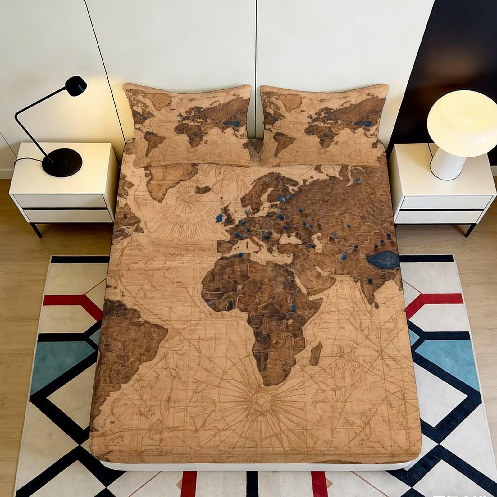 3D Printed Vintage World Map Fitted Sheet Microfiber Soft Non-Slip Antique Atlas Mattress Cover for Bedroom Dorm Decor 160x200x25cm
