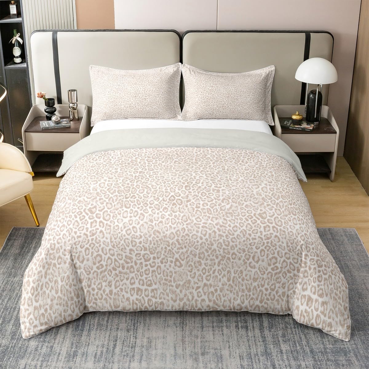 Homemissing Leoparden Muster 100% Baumwolle Bettwäsche Set 220x240cm Beige Tierdruck Safari Bettbezug Gepard Wende Muster Betten Weich Tiermotiv Gold Schwarz Bettwäsche-Set mit 2 Kissenbezüge