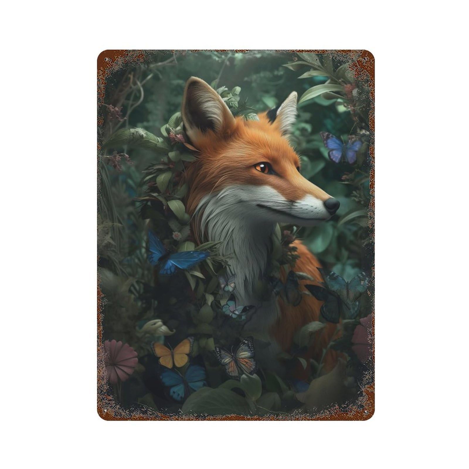 Magical Whimsical Fox Rusty Metal Tin Sign 15.7"x11.8", for Pub, Kitchen And Man Cave Decor, Farmhouse Wall Decor