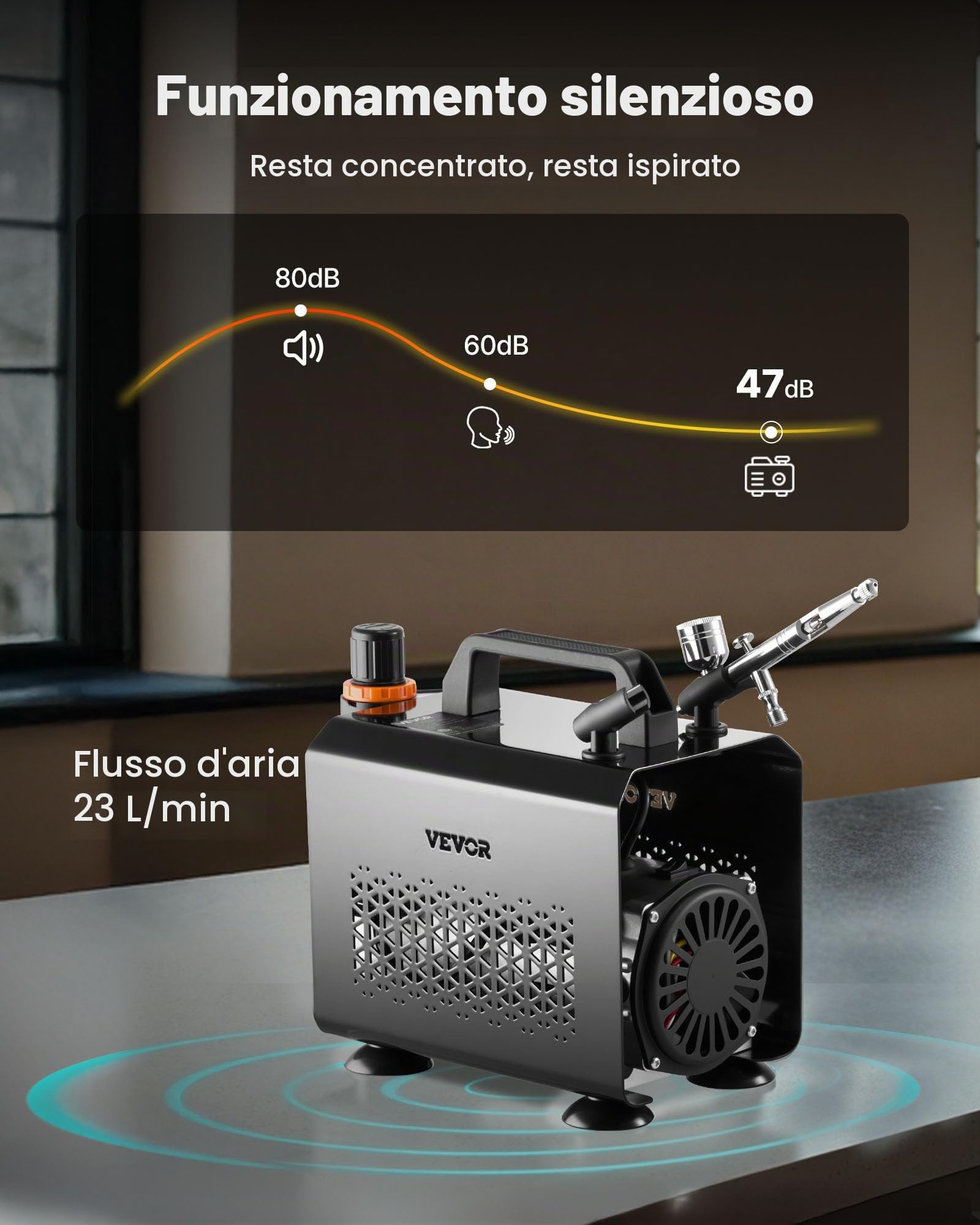VEVOR Set Aerografo 1/6 HP con Compressore d'Aria, 1 Spruzzatore Aerografo a Doppia Azione con 3 Ugelli (0,2/0,3/0,5 mm) Flusso d'Aria 23 L/min, per Decorazione di Torte, Pittura di Modelli