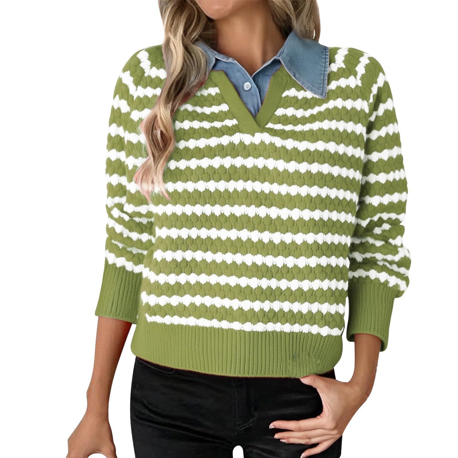 Womens Striped Knit Sweaters 2 in 1 Contrast Sweater with Denim Collar Lapel Collared Polo Shirts Cute Sweater