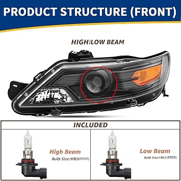 Headlights Assembly Pair with Bulbs for 2010 2011 2012 Ford Taurus Halogen Headlamps Head Lights Replacement Driver and Passenger Side,Black Housing Amber Reflector
