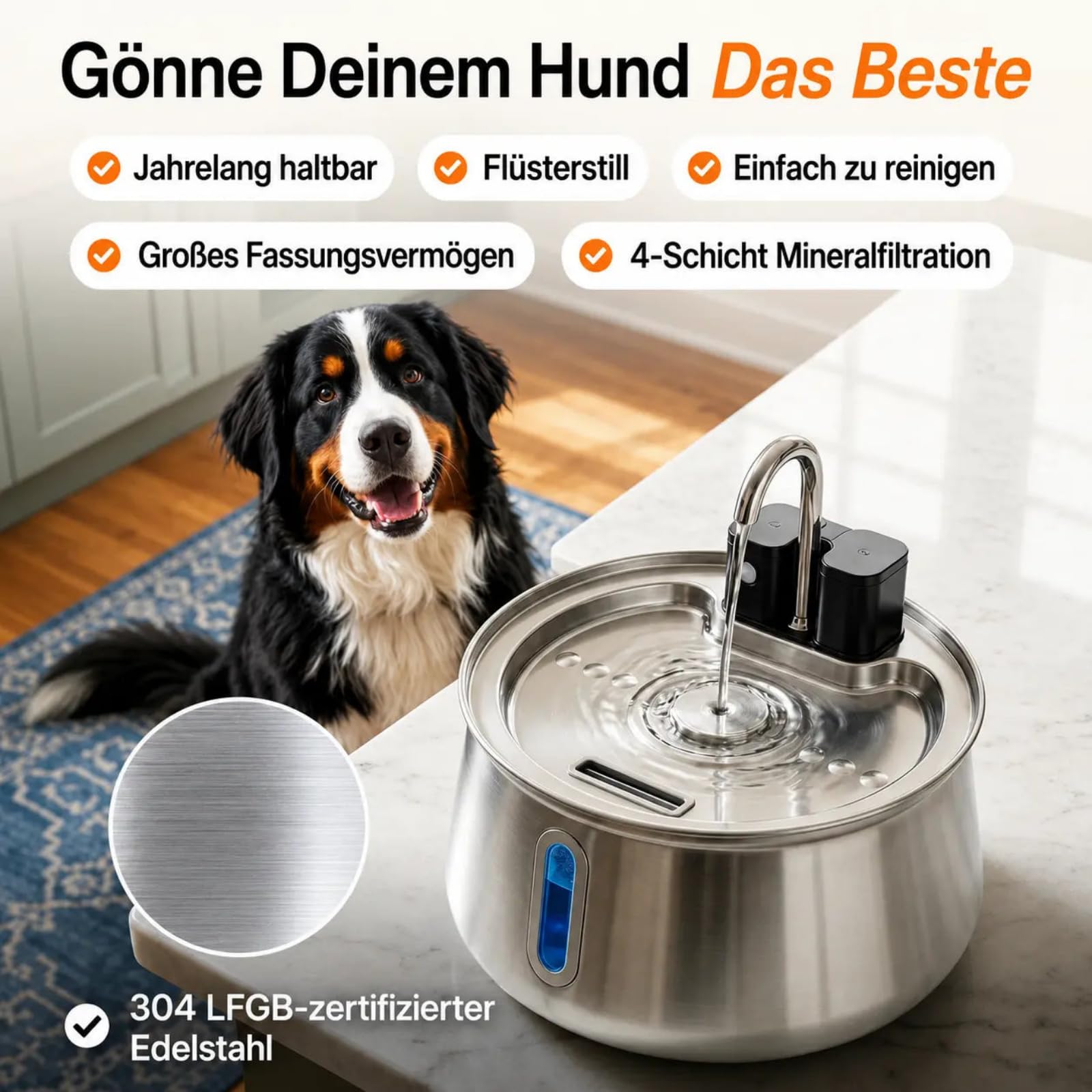Vello Brunnen Hund,Kabelloser Katzenbrunnen Edelstahl 135oz/4L,Automatischer Haustier Wasserspender mit vierstufigem Filter,Leise Pumpe,für Katzen und kleine Hunde