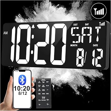 XREXS 17.2" Digital Wall Clock with Remote Control, Bluetooth Sync Time LED Digital Clock for Living Room Decor, Auto DST, Temperature for Living Room, Gift for Elderly and Teens