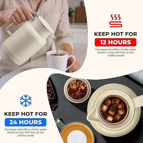 Miniatura 3 de Paquete de 2 jarras térmicas de café de 49 onzas y botella de agua aislada de 15 onzas, jarras térmicas al vacío de acero inoxidable y botella de