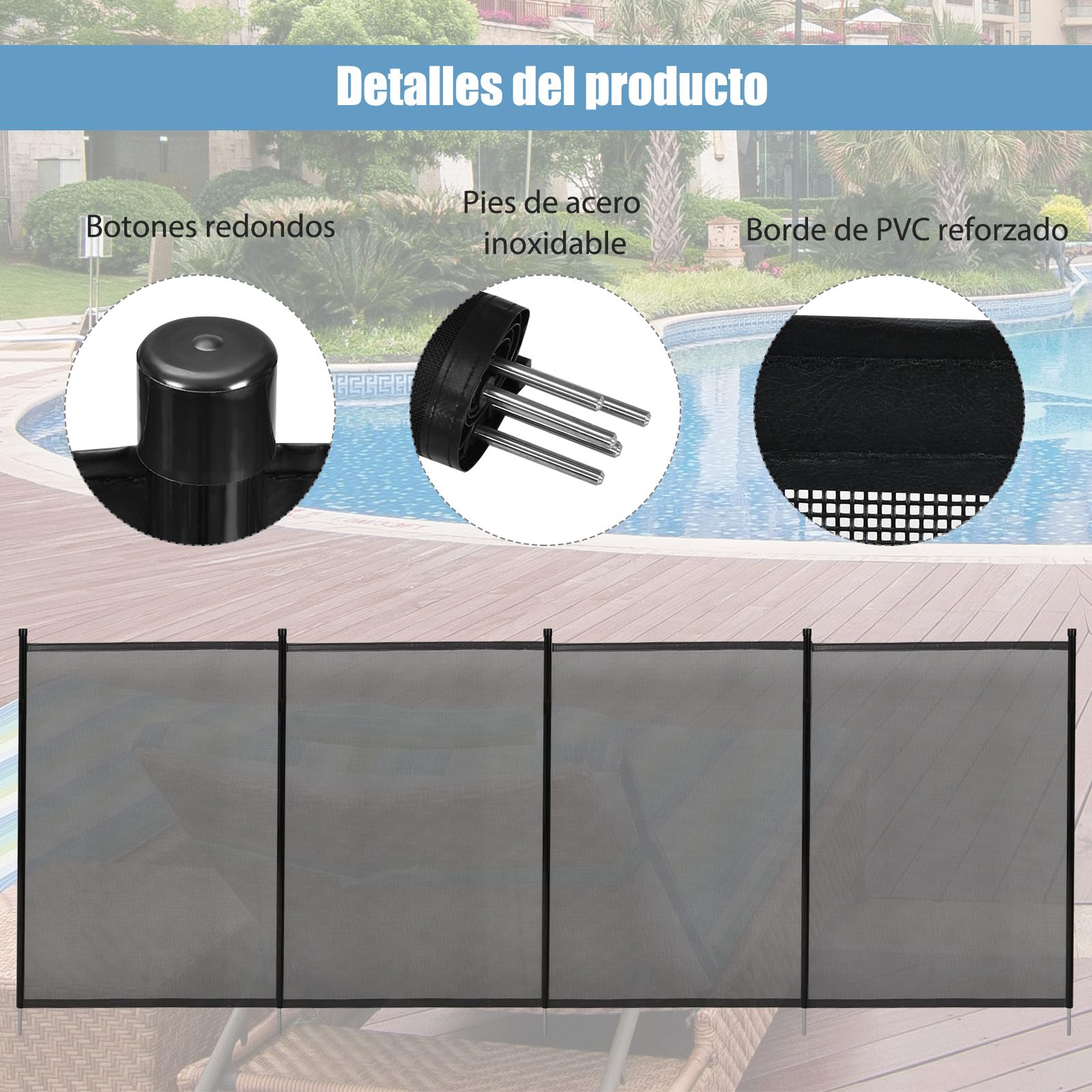 SOARS 360 x 125 cm Valla de Seguridad para Piscinas, Valla de protección de piscina de 4 piezas plegable, con pies de acero inoxidable & plantilla para taladrar, Protección para Niños y Mascotas