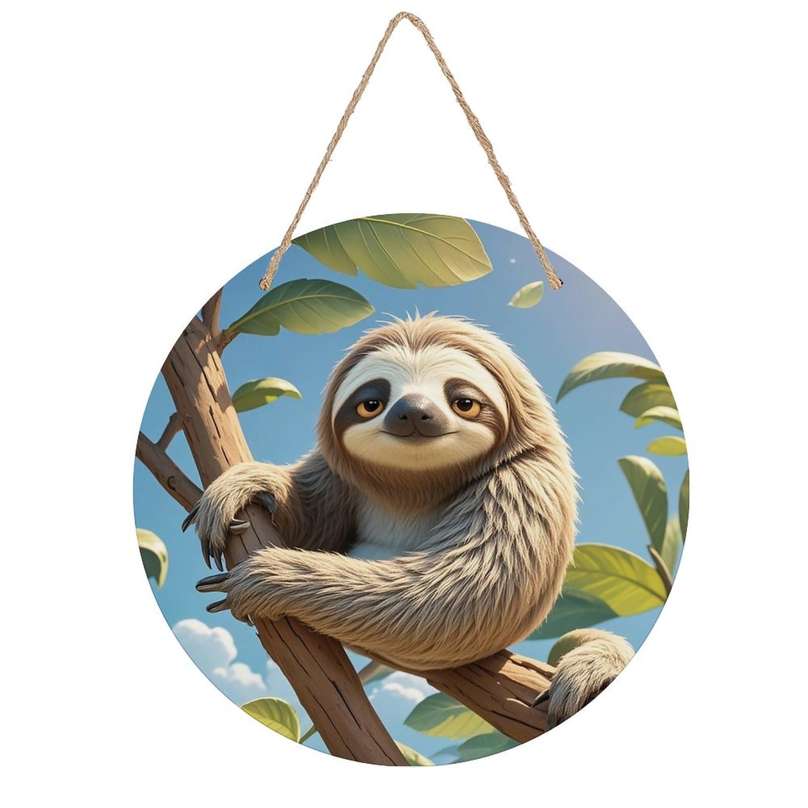 LZQPOEAS Cartoon Sloth Wall Art Decor Round Wood Hanging Sign Rustic Vintage Wooden Door Hanger with Ropes Decorative Plaque Welcome Sign for Home Indoor Outdoor, 7.9x7.9 in