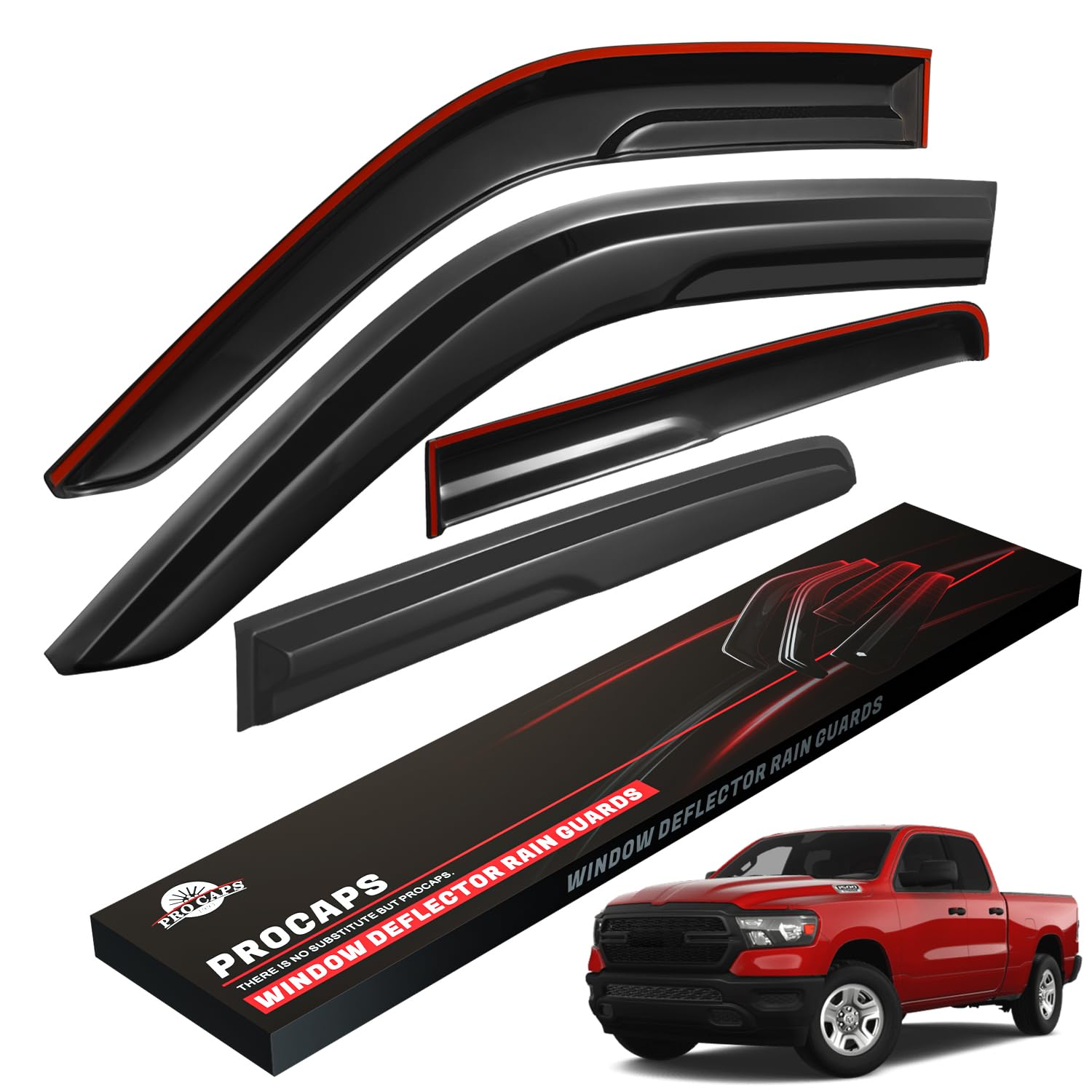 Photo 1 of ProCaps Tape-On Side Window Rain Guards for 2019-2024 Dodge Ram 1500 Non-Classic Models with Crew Cab Body Style, Gloss Black Window Deflectors Vent Visors