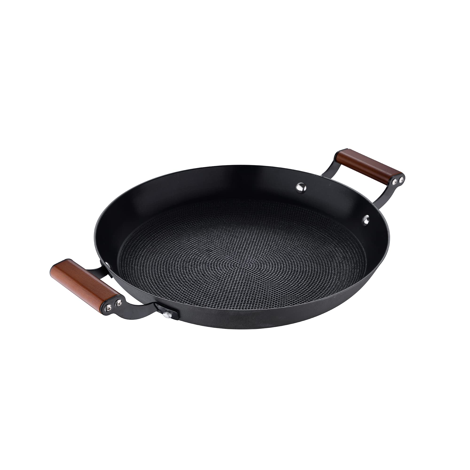 MasterProOdin - 28 cm round grill, non-stick, ergonomic acacia wood handles, ideal for barbecue cooking, compatible with induction and oven, without toxic products