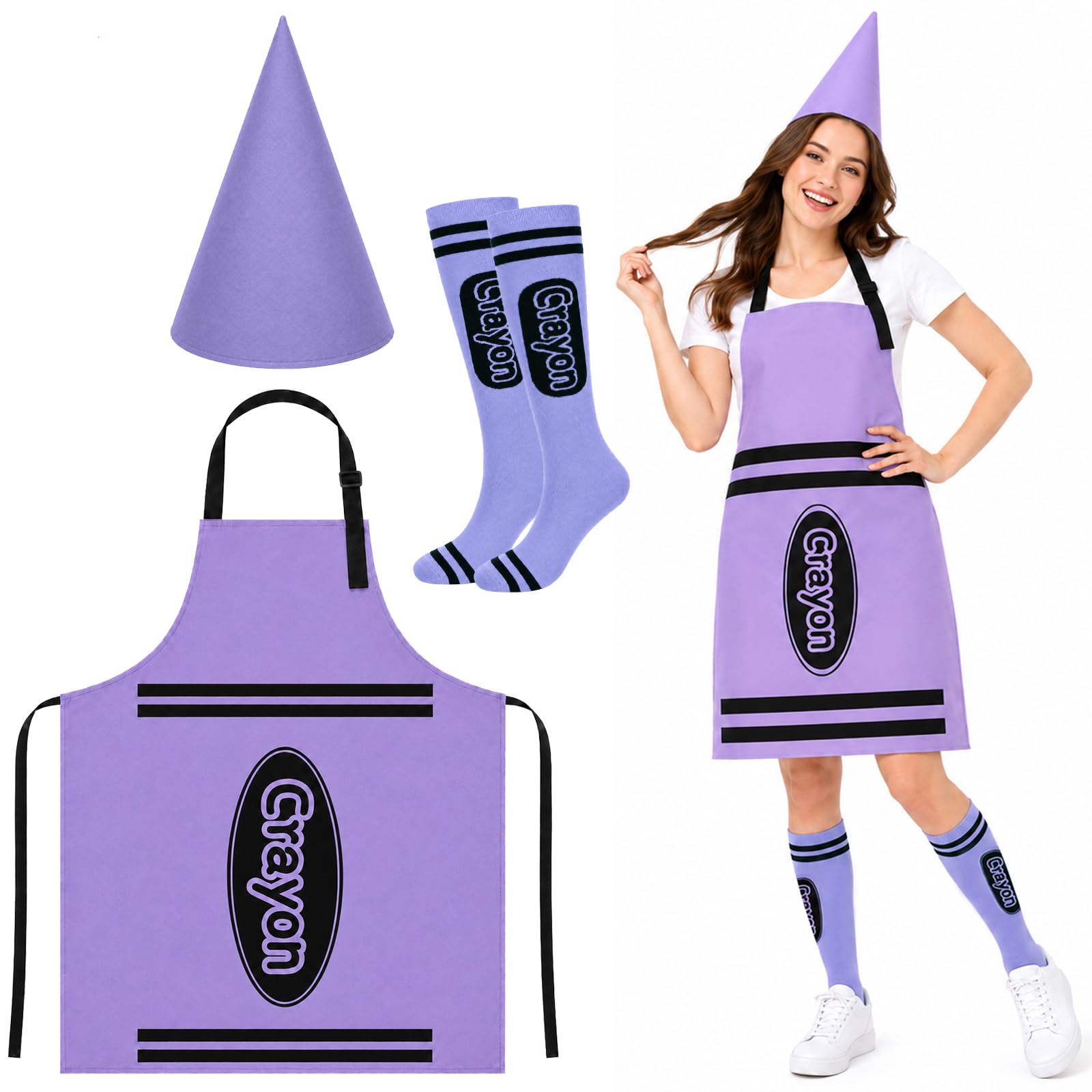 3 Pcs Crayon Costume Include Apron Cone Hat Socks for Men Women Halloween Party Dress Up