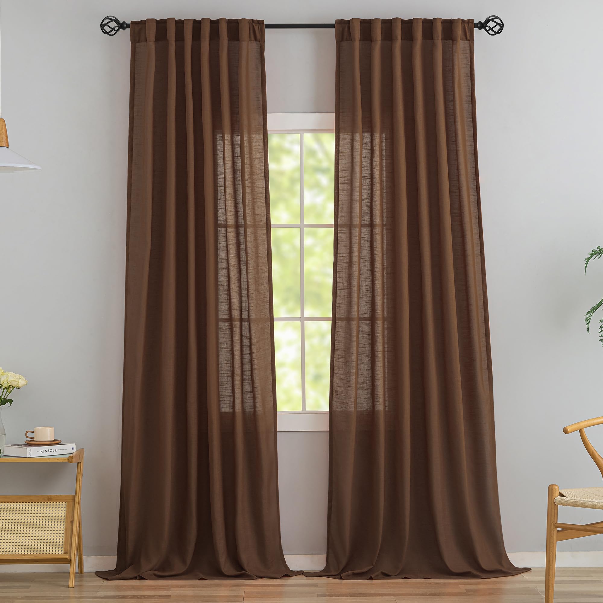 Cocoa Brown Linen Back Tab Curtains 108 Inches Long Ceiling to Floor for Large Windows -2 Panels Set Hooks Belt Pinch Pleated Easy Sliding Curtains