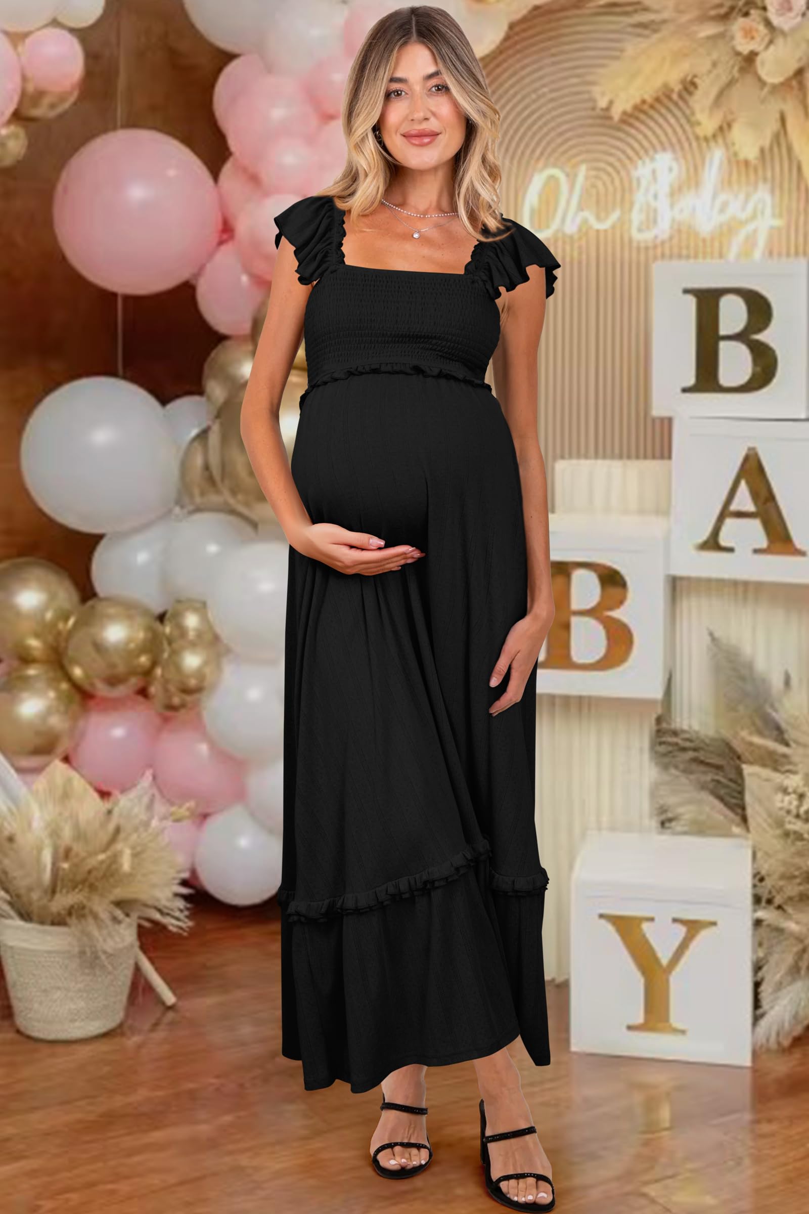 OUGES Donna Estate maternità Photoshoot Dress Boho Maxi Smocked Baby Shower Dress
