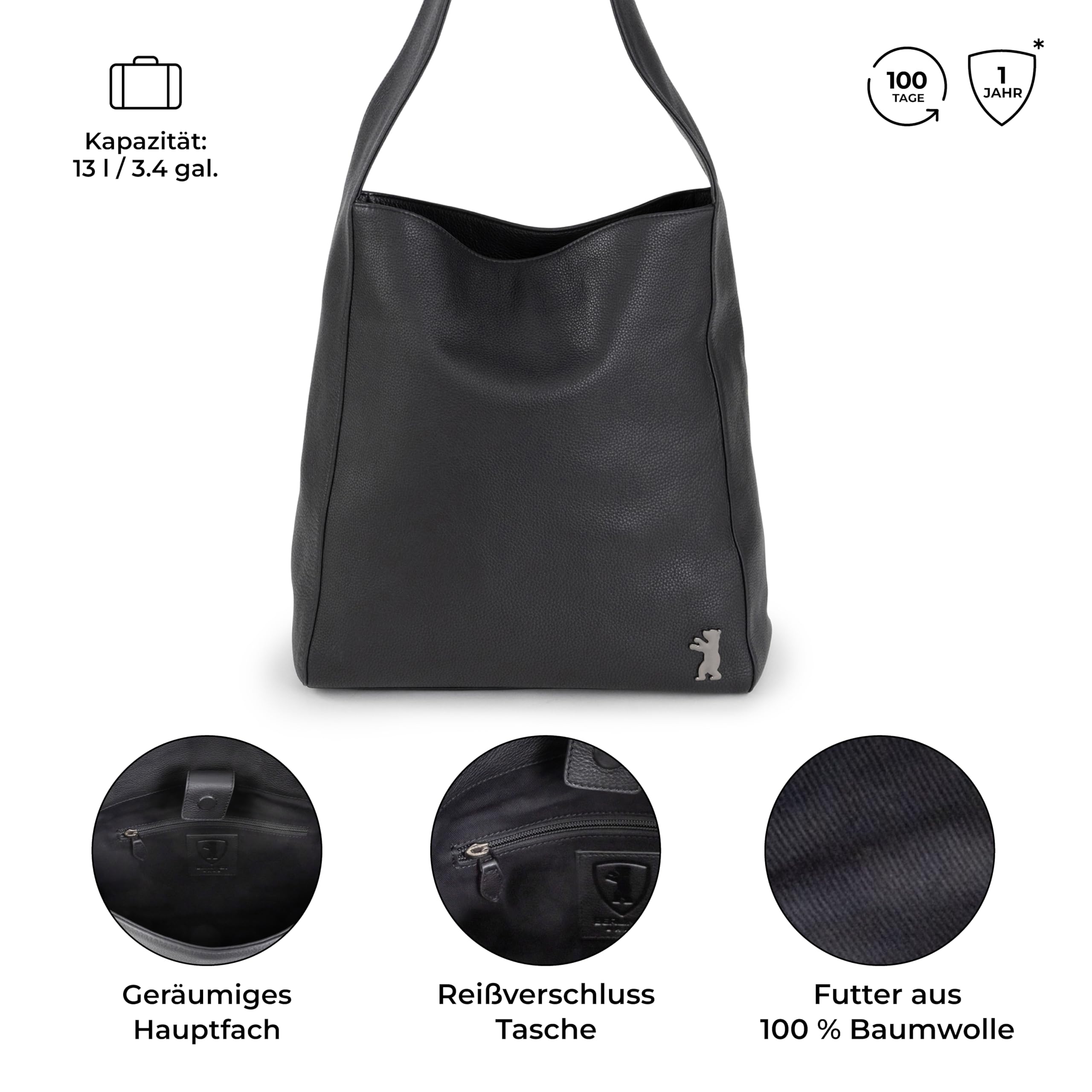 Berliner Bags Shopper Atlanta skórzana torba damska duża torba na ramię Hobo Bag torba na ramię Tote - czarna, czarny