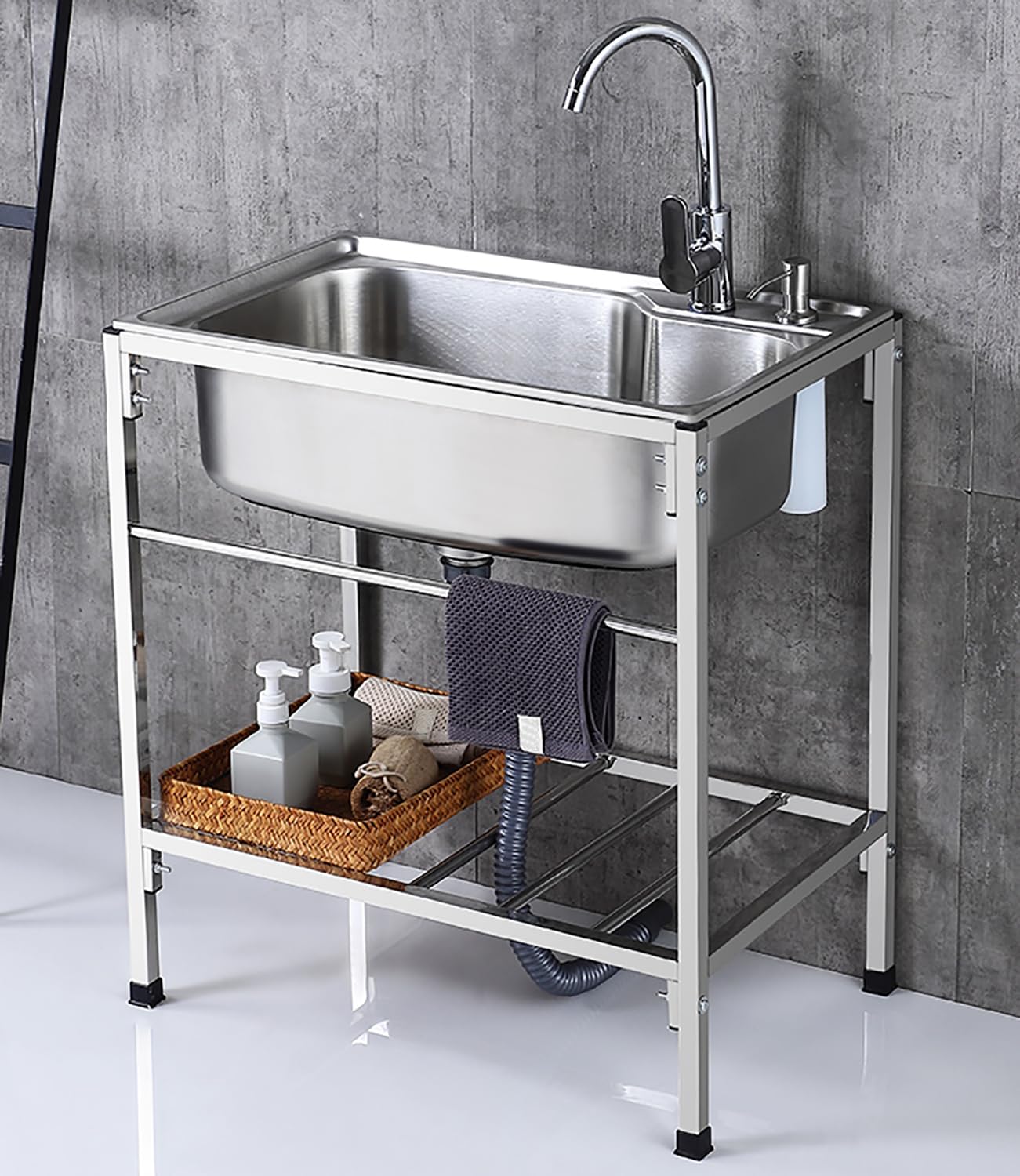 ZQFHSX Outdoor Sink Single Bowl, Freestanding Stainless Steel Utility with Hose Hook Up, Commercial Kitchen Hot and Cold Tap for Restaurant, Bar, Laundry, Garage, Backyard